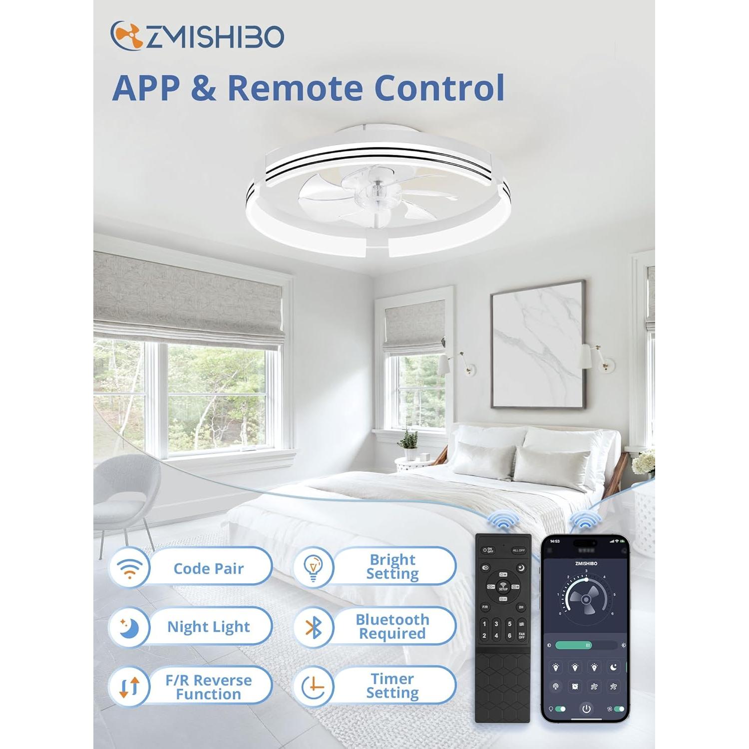 Ventilador de Techo ZMISHIBO 50.8 cm con Luz y Control Remoto