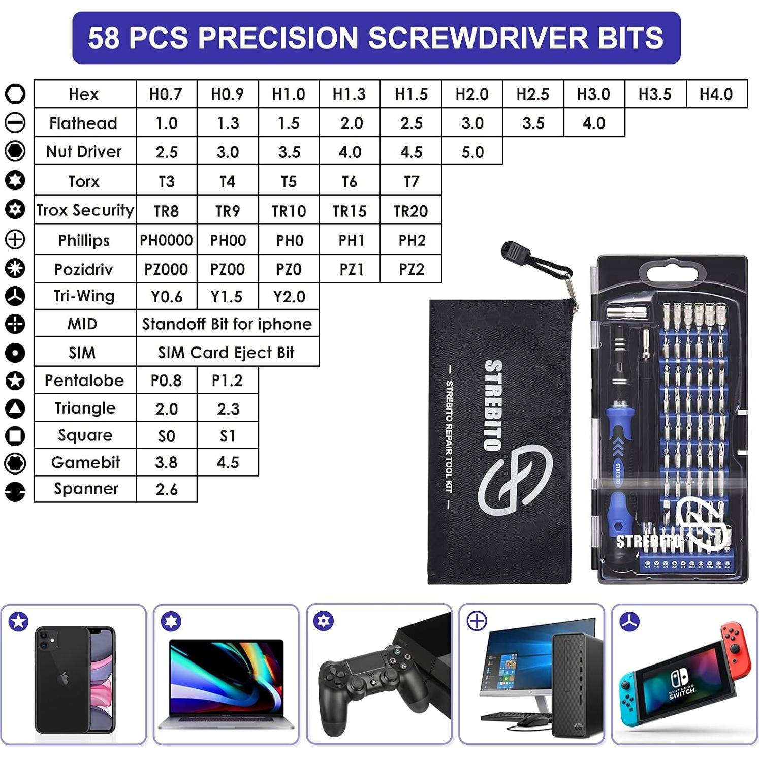STREBITO Kit de Destornilladores 79 en 1 con 58 Puntas