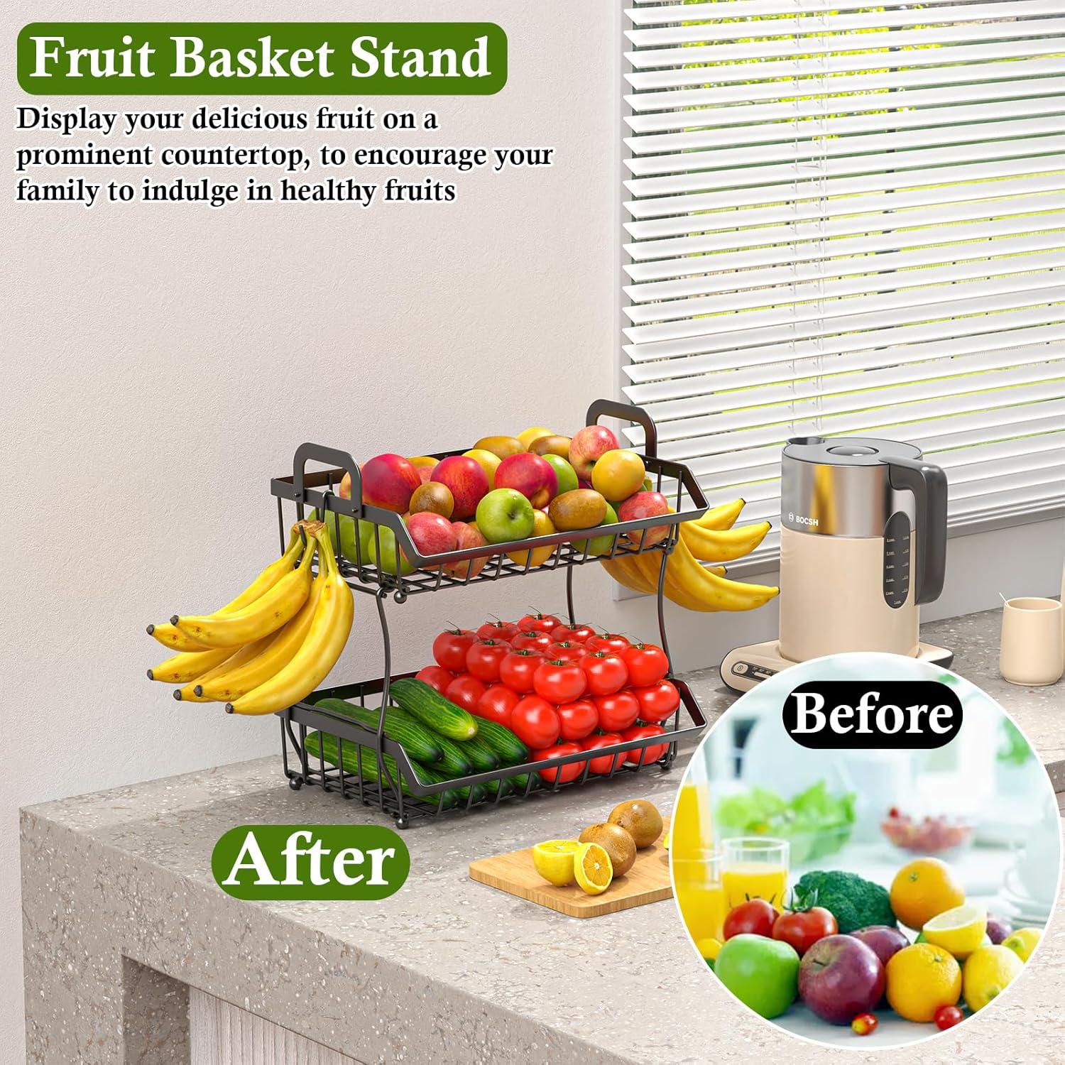 Cesta de Frutas de 2 Niveles Zofocus con Soporte para Plátanos