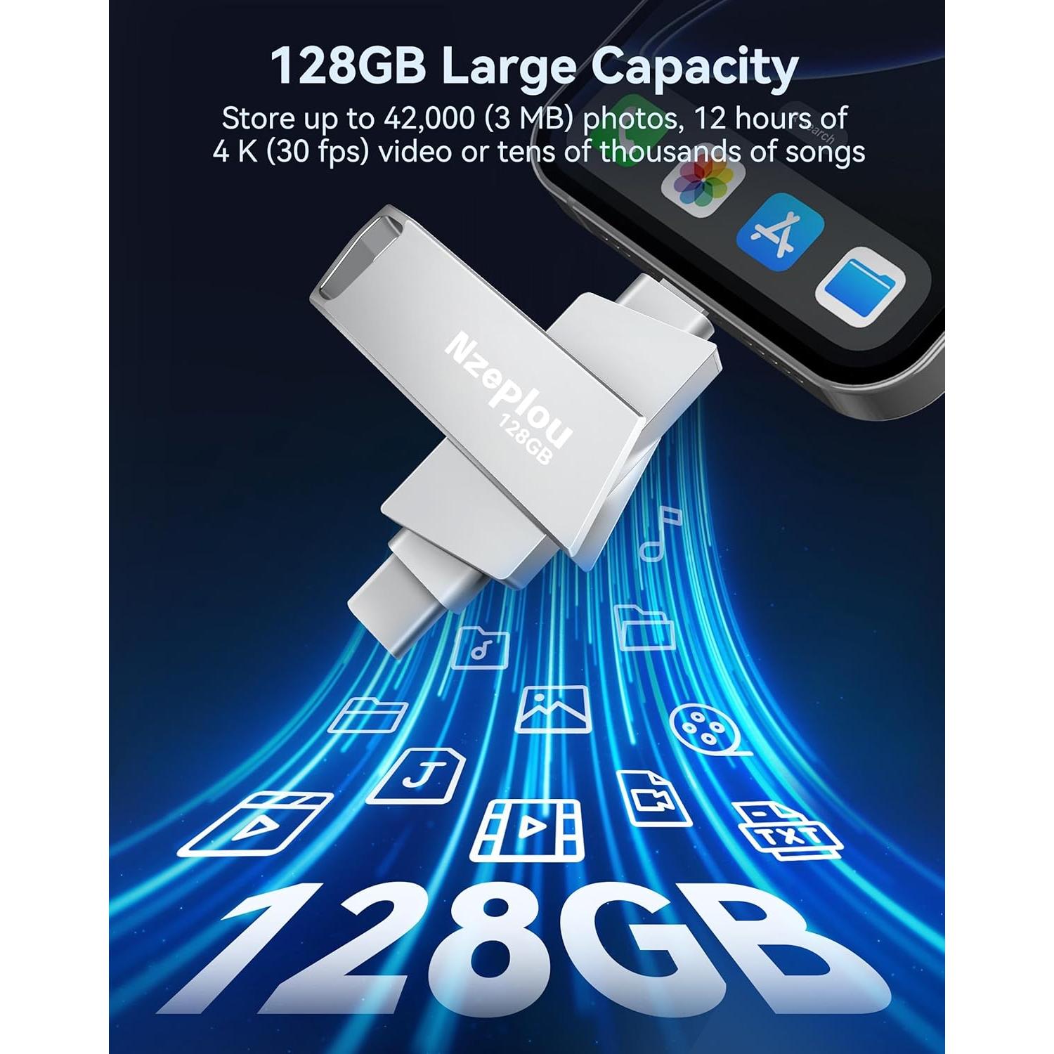 Unidad Flash 128GB Nzeplou para iPhone y iPad, USB 3.0