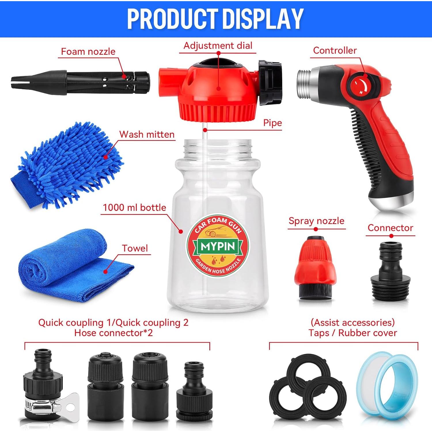 MYPIN Pistola de Espuma 16 en 1 para Lavado de Autos 1000ml