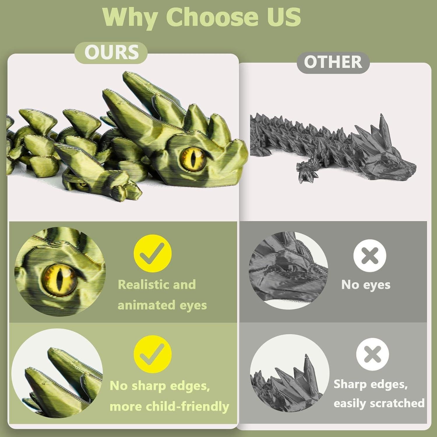 12in Flexible 3D Printed Dragon with Eyes, Articulated Fidget 3D Printed Animals, Stress Relief 3D Printed Toy for Anxiety & ADHD, Unique Home Office Décor