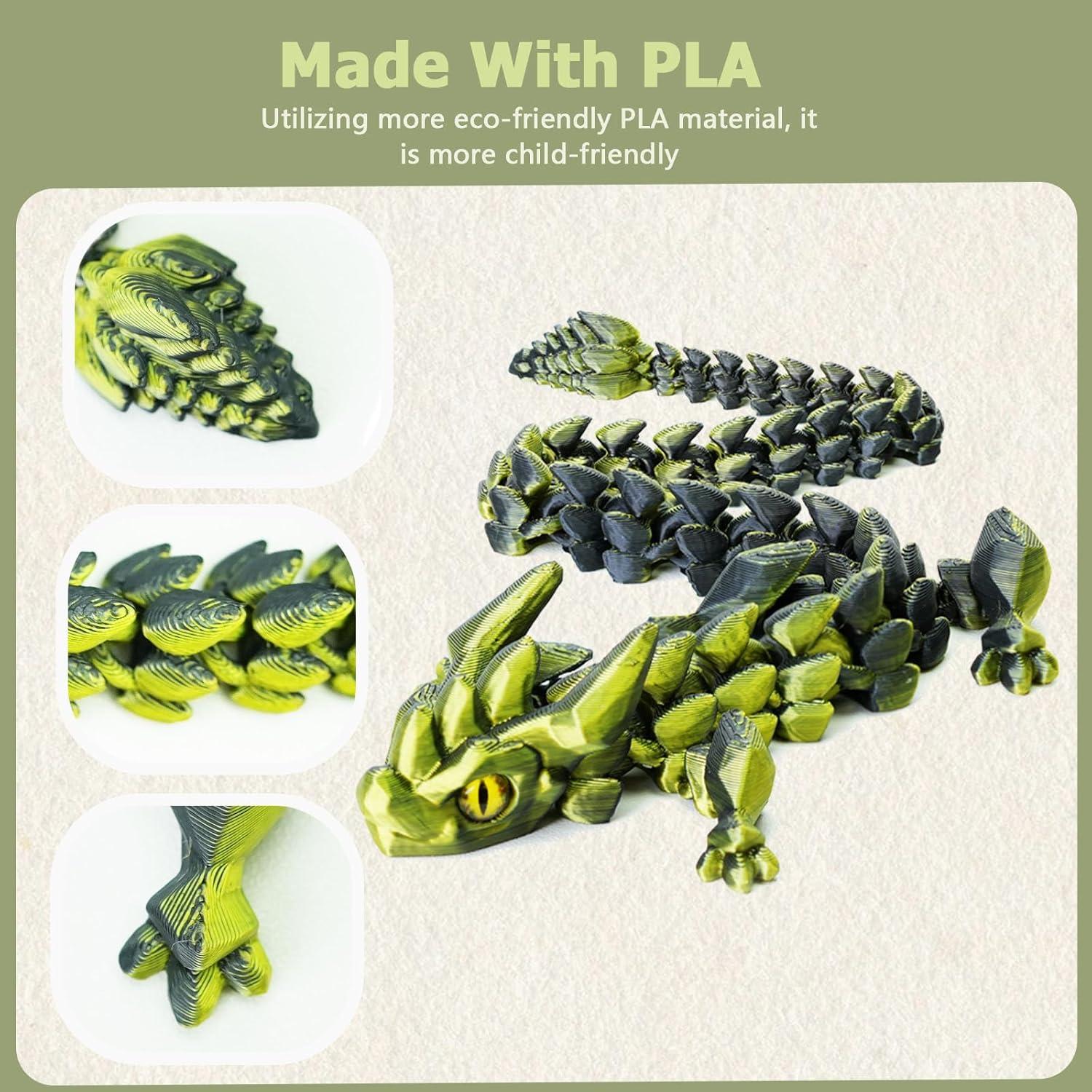 12in Flexible 3D Printed Dragon with Eyes, Articulated Fidget 3D Printed Animals, Stress Relief 3D Printed Toy for Anxiety & ADHD, Unique Home Office Décor