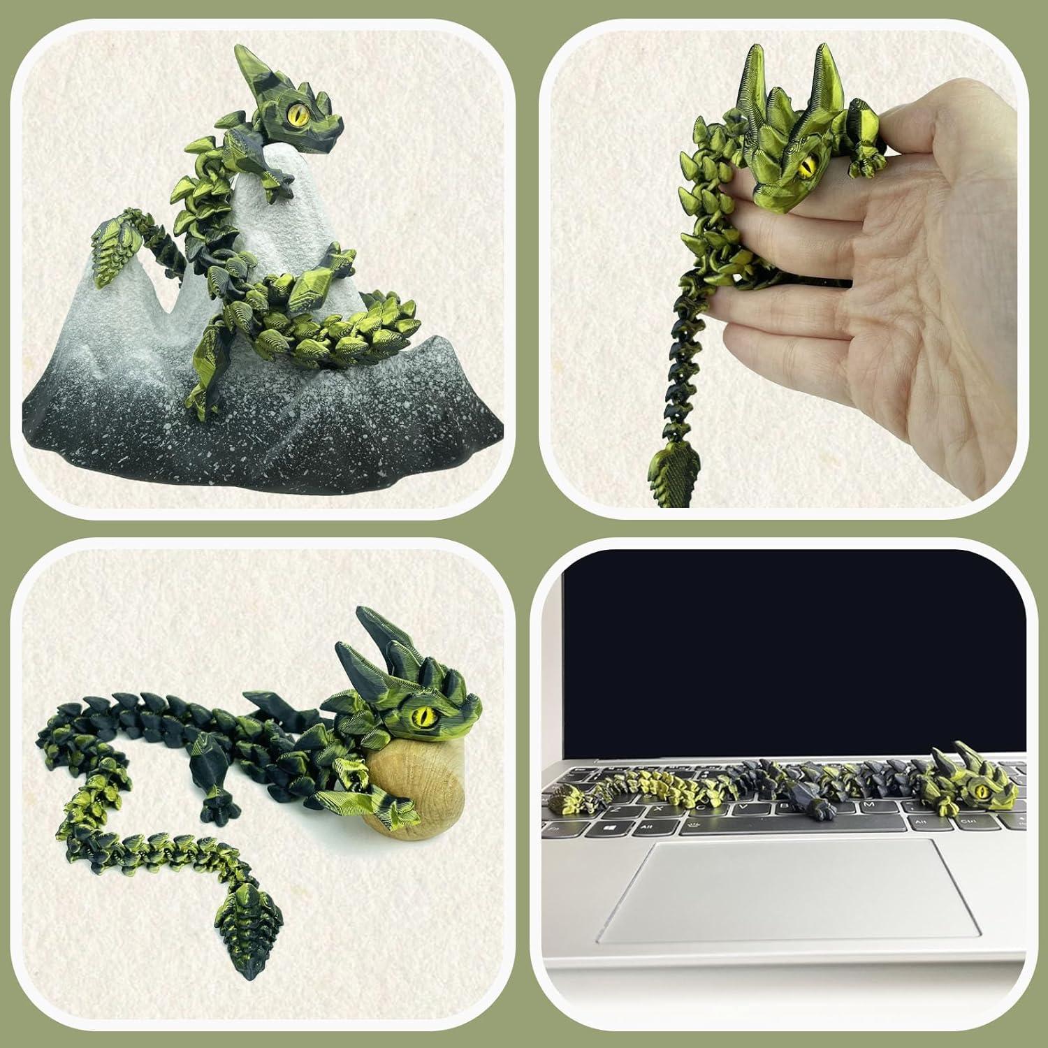 12in Flexible 3D Printed Dragon with Eyes, Articulated Fidget 3D Printed Animals, Stress Relief 3D Printed Toy for Anxiety & ADHD, Unique Home Office Décor