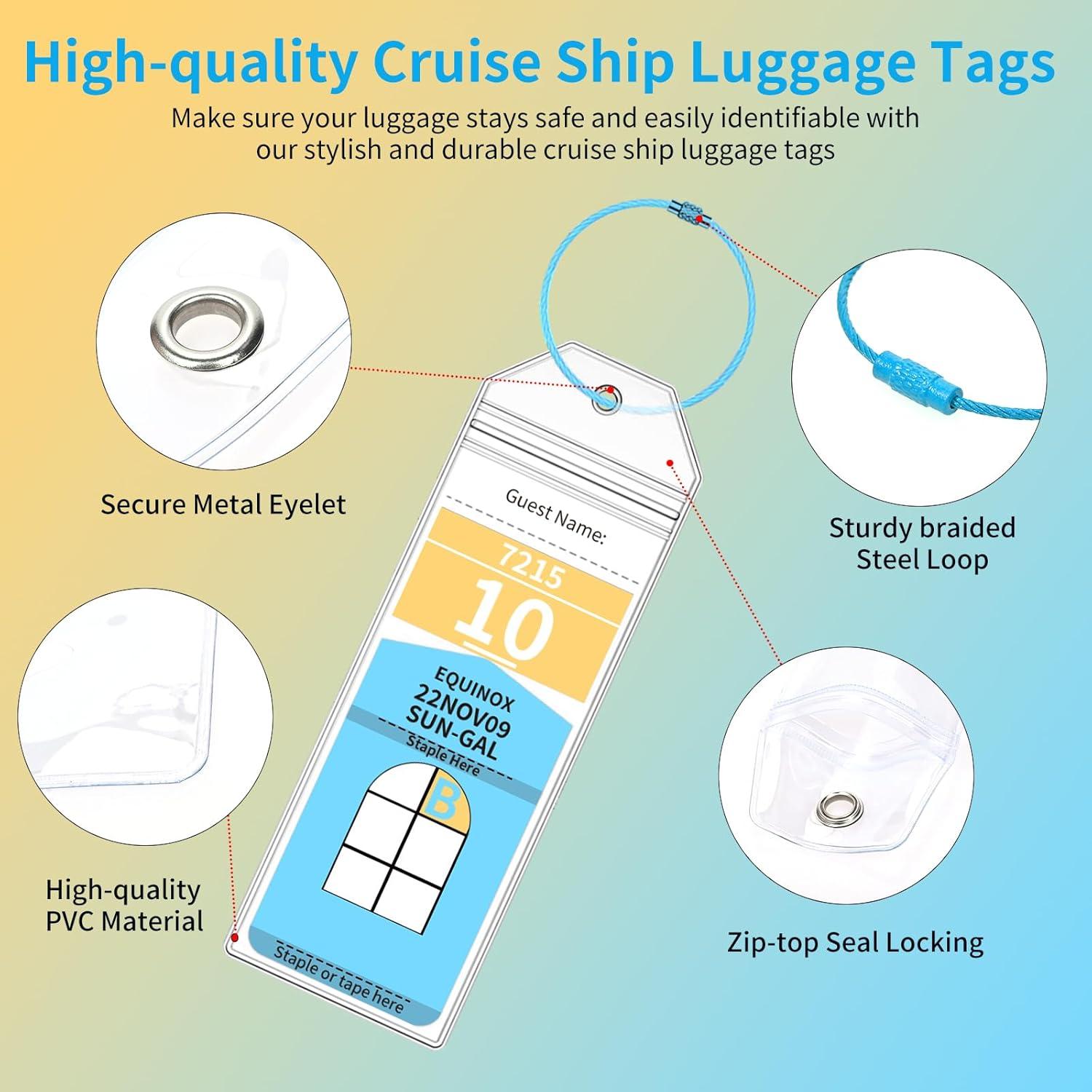 Royal Caribbean Luggage Tag Holders, 10 Pack Zip Seal Clear Cruise Luggage Tag Holder with Steel Loops for Royal Caribbean & Celebrity Cruise Essentials (10 Pcs with 10 Colors Ring)