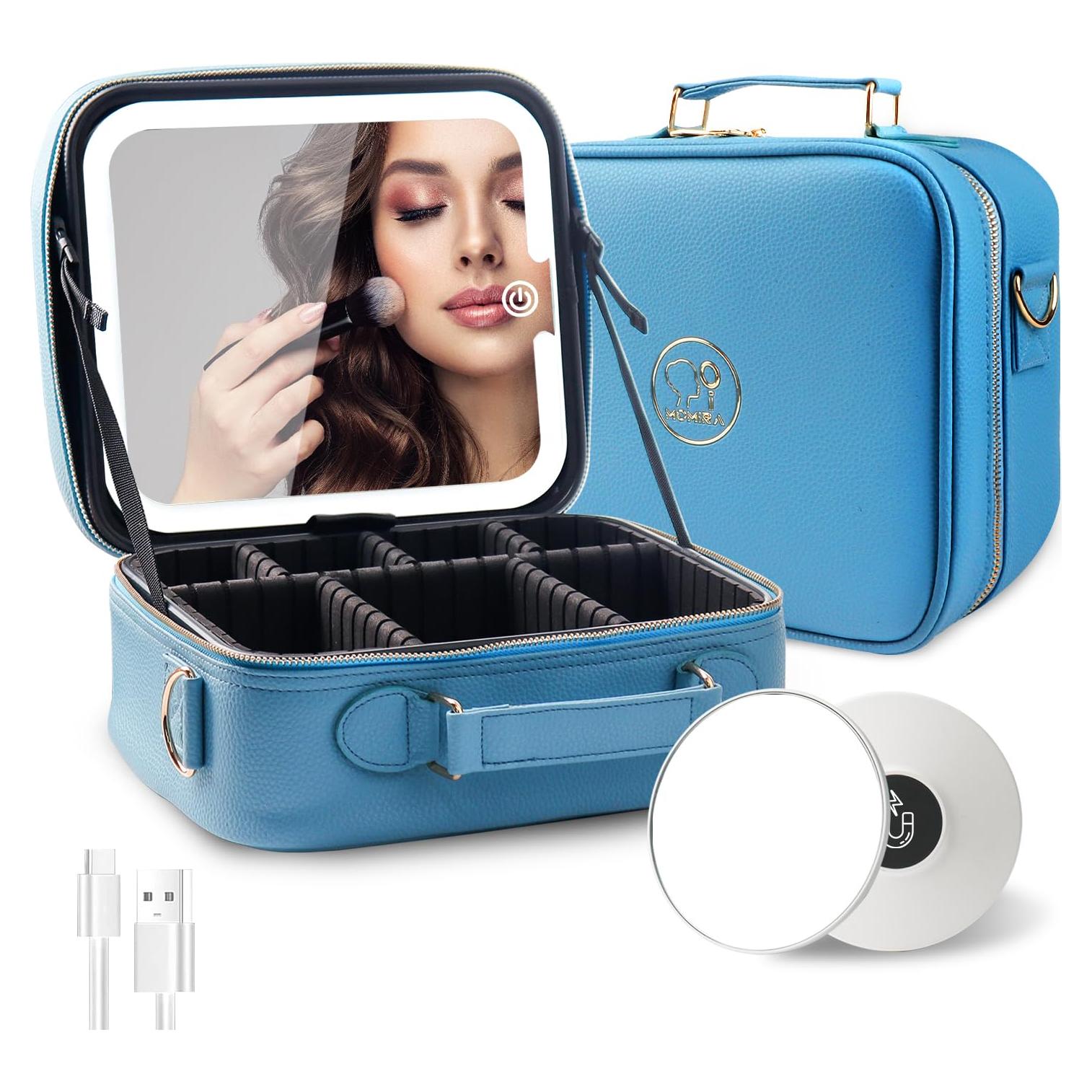 Bolsa de Maquillaje de Viaje MOMIRA con Espejo Iluminado Azul