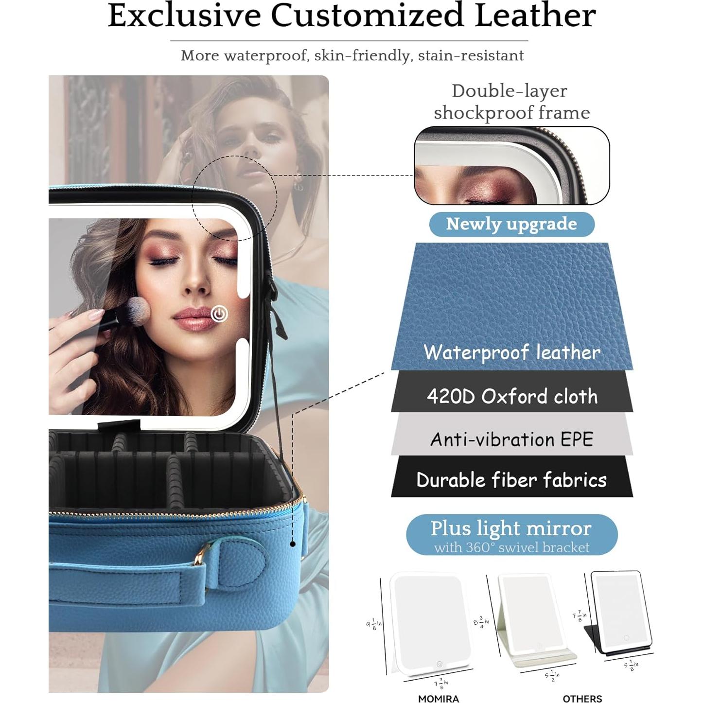Bolsa de Maquillaje de Viaje MOMIRA con Espejo Iluminado Azul