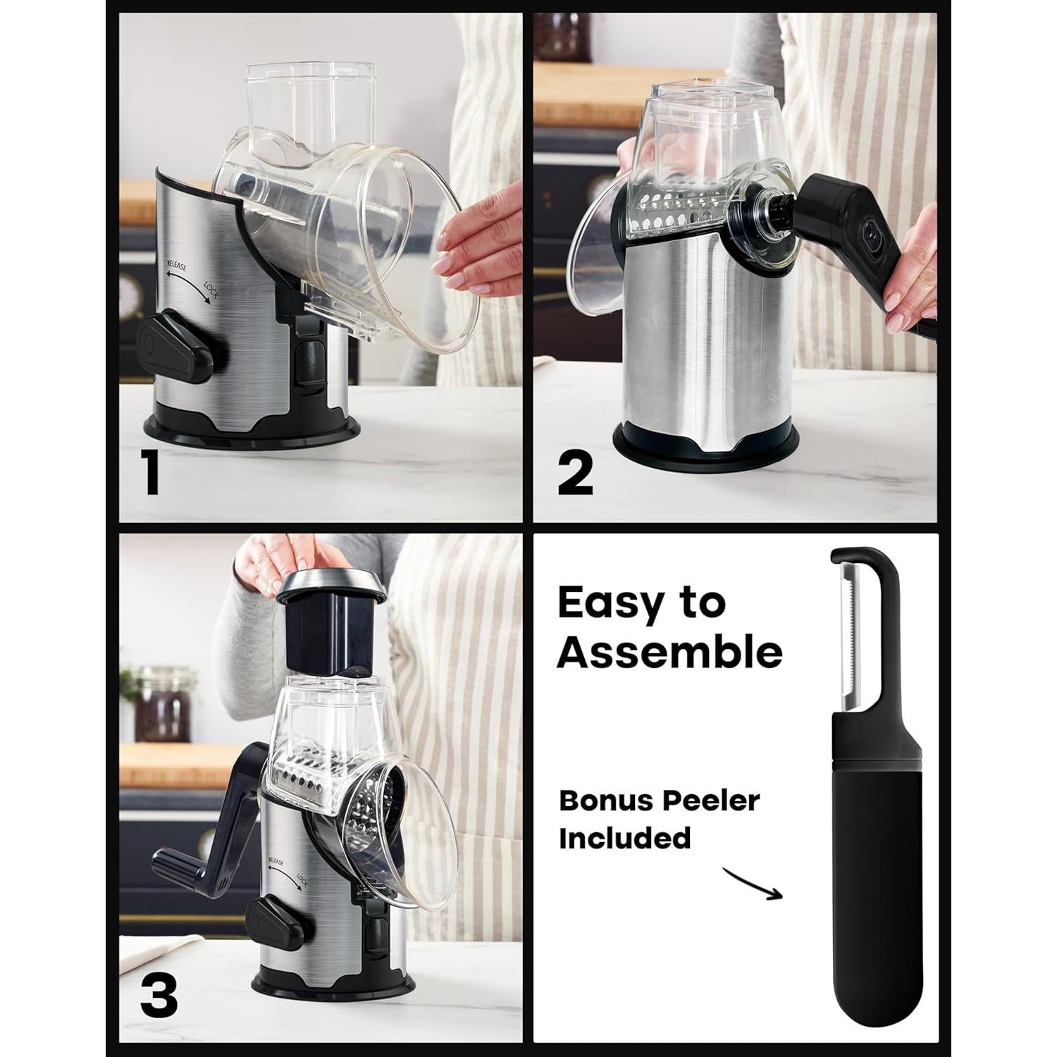 Rallador de Queso Rotativo Unido con Mango y 3 Cuchillas