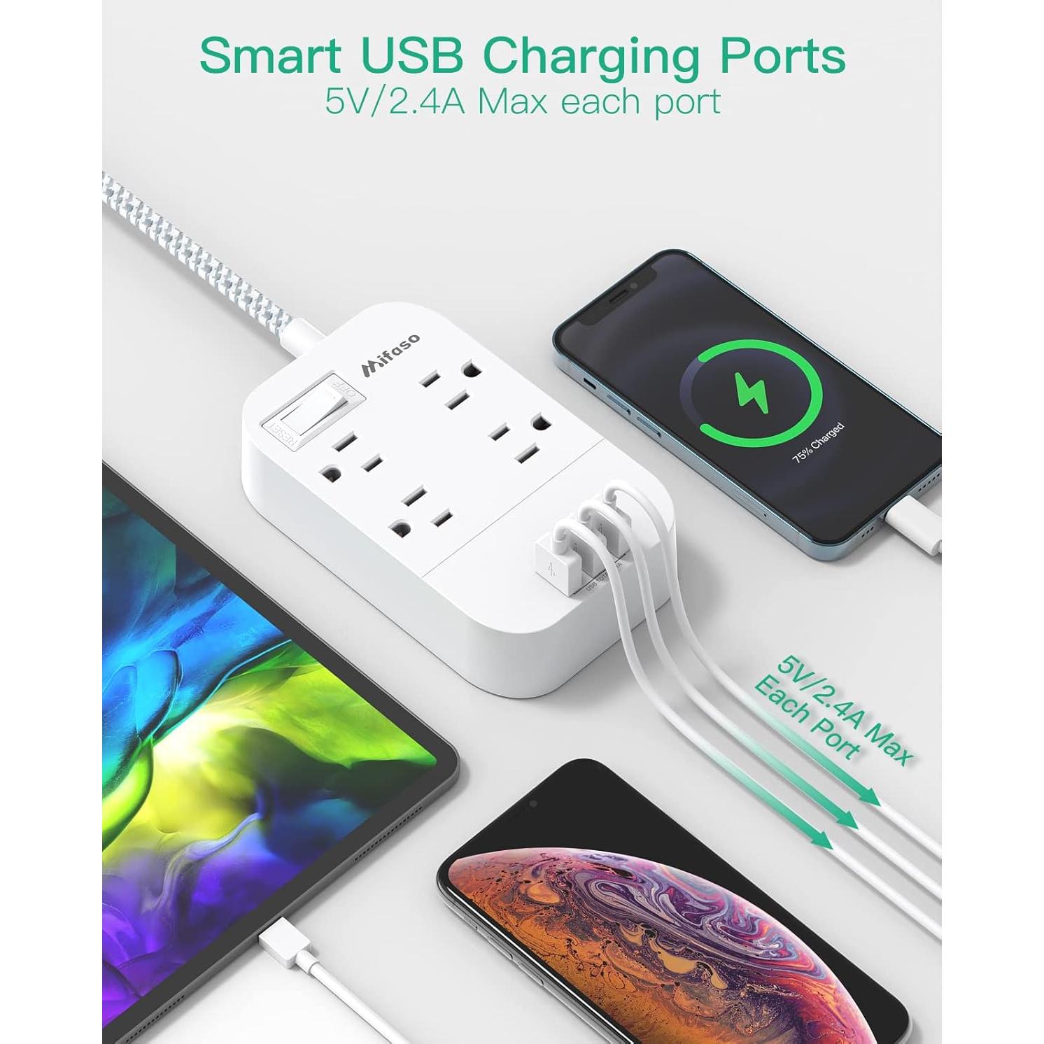 Regleta Mifaso 5FT (1.52m) con 4 Tomacorrientes y 3 USB