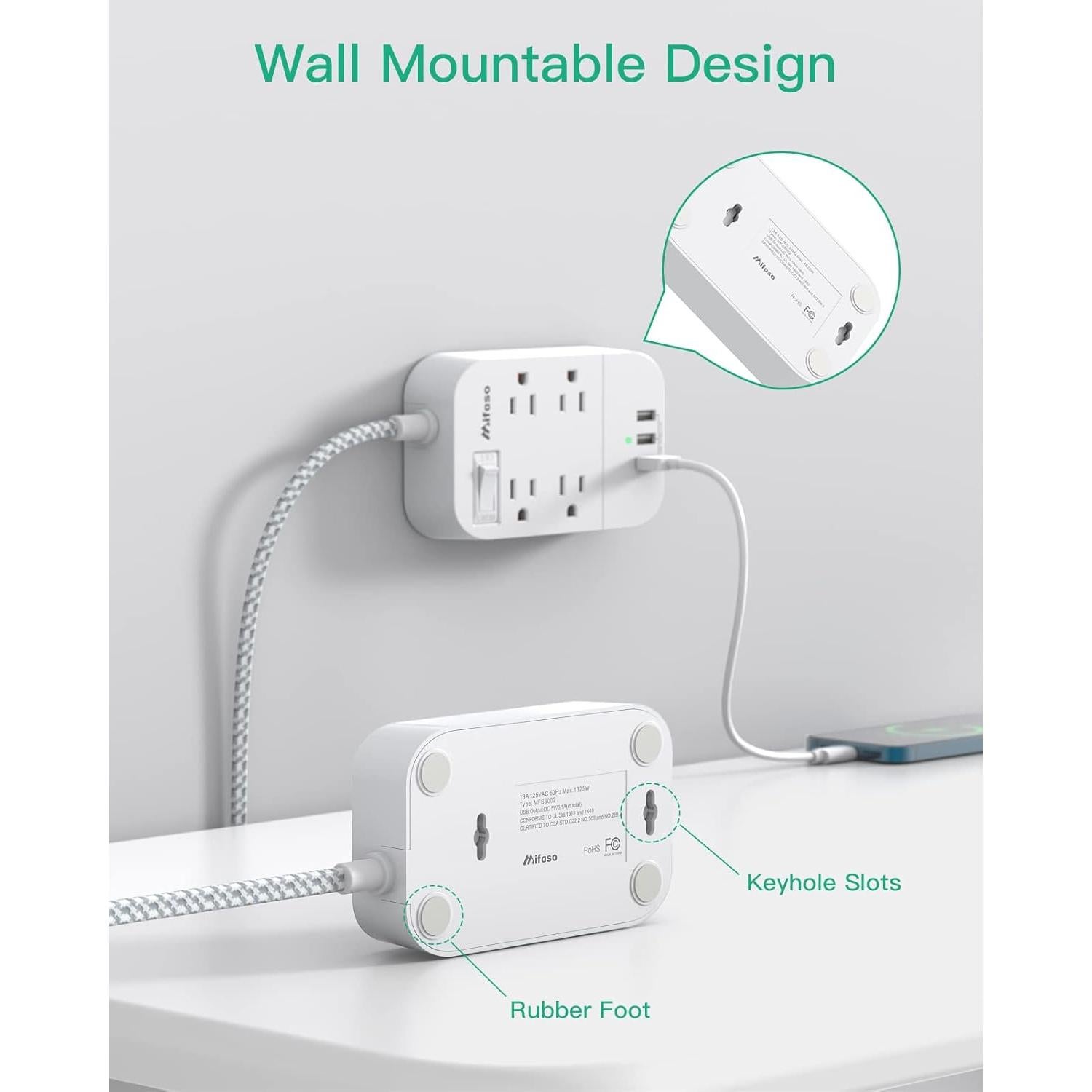 Regleta Mifaso 5FT (1.52m) con 4 Tomacorrientes y 3 USB