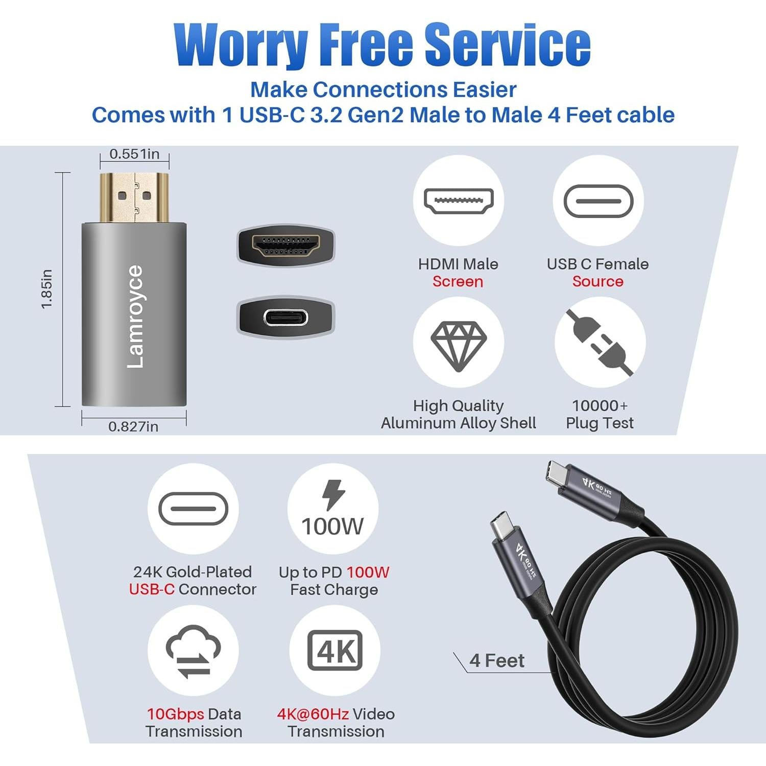 Adaptador USB C a HDMI 4K Lamroyce con Cable 1.2m 10Gbps
