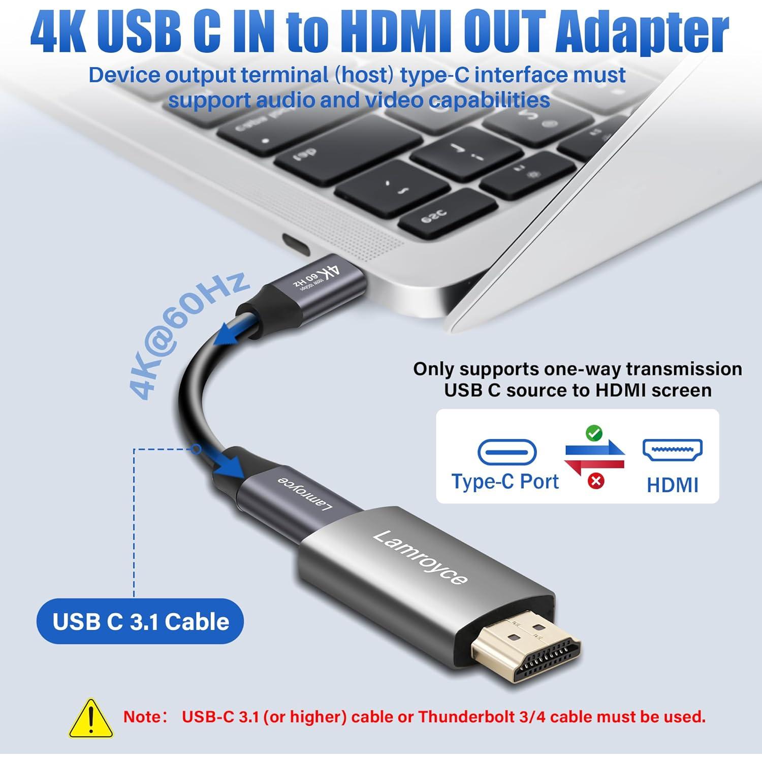 Adaptador USB C a HDMI 4K Lamroyce con Cable 1.2m 10Gbps