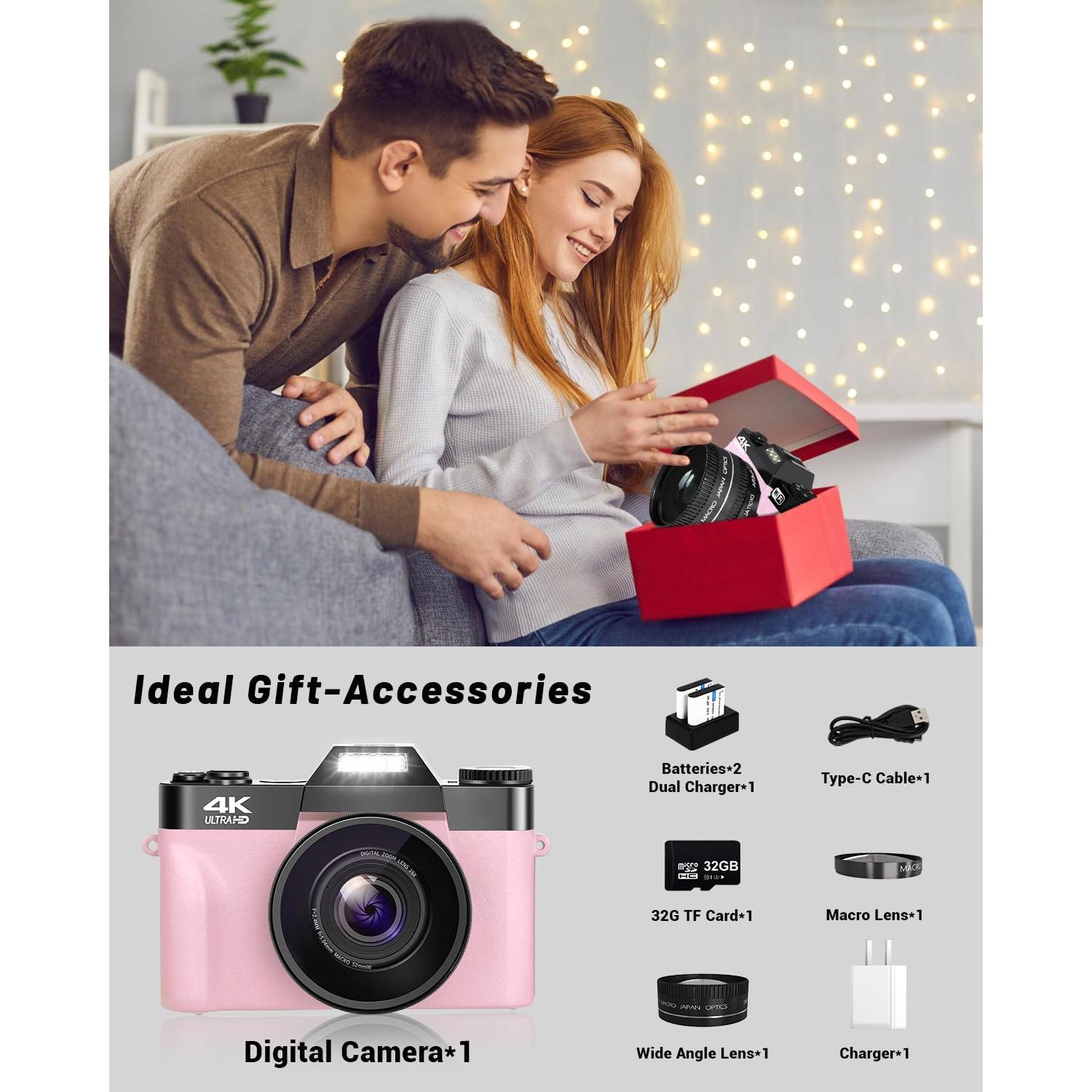 Cámara VJIANGER 4K Rosa 56MP con Lente Gran Angular y 32GB