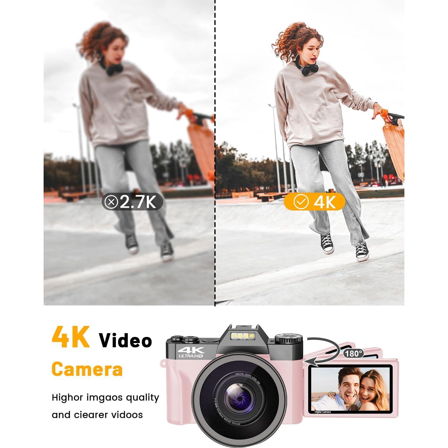 Cámara VJIANGER 4K Rosa 56MP con Lente Gran Angular y 32GB