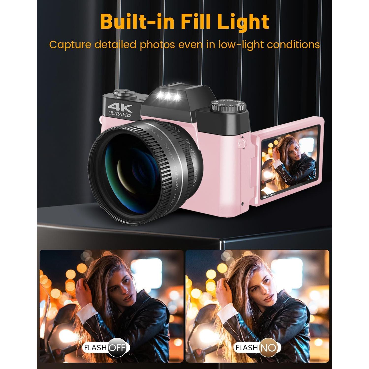 Cámara VJIANGER 4K Rosa 56MP con Lente Gran Angular y 32GB