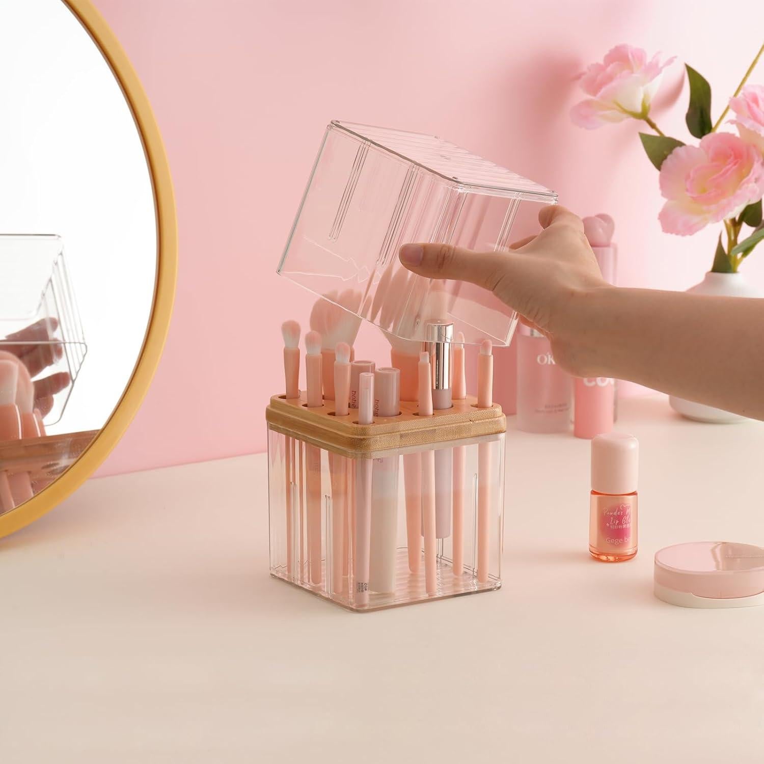 SUNFICON Makeup Brush Holder with Cover Makeup Brush Container With Lid Clear Makeup Brush Holder Organizer Waterproof Dustproof Beauty Brushes Storage Case Stand for Vanity Bathroom Countertop,Gift