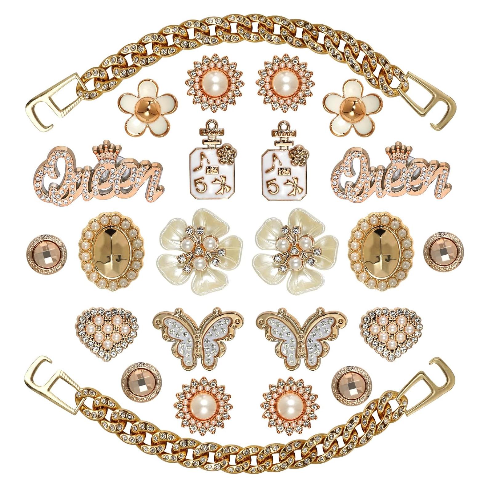 Encantos Brillantes para Zapatos Crocs Dorados - 24 Piezas