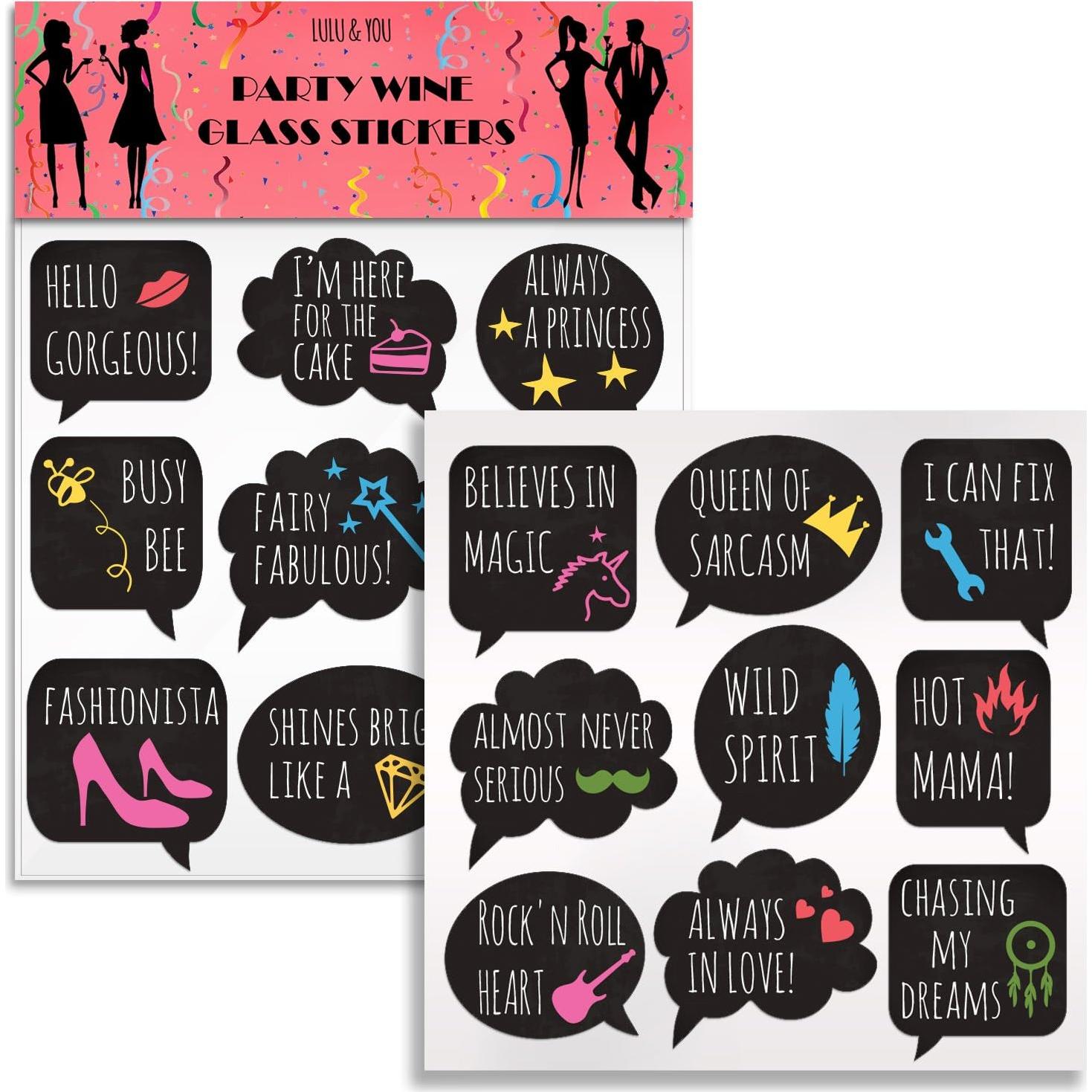 Marcadores de Bebida Divertidos LULU - 18 Calcomanías Reutilizables