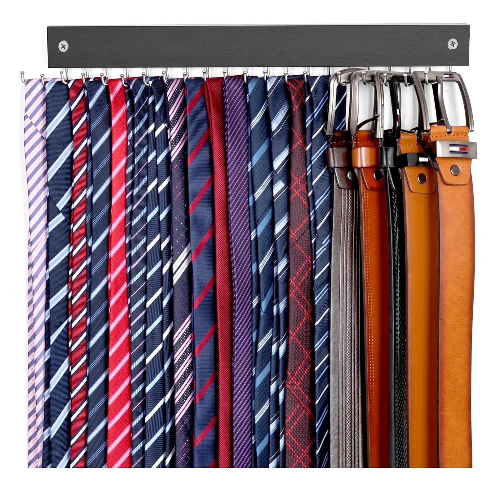 【2 in 1】 Tie Rack Belt Organizer Wall Mounted, Space Saving Tie Hanger for Closet with 20 Storage Hooks, Belt Holder for Closet Organizer Storage