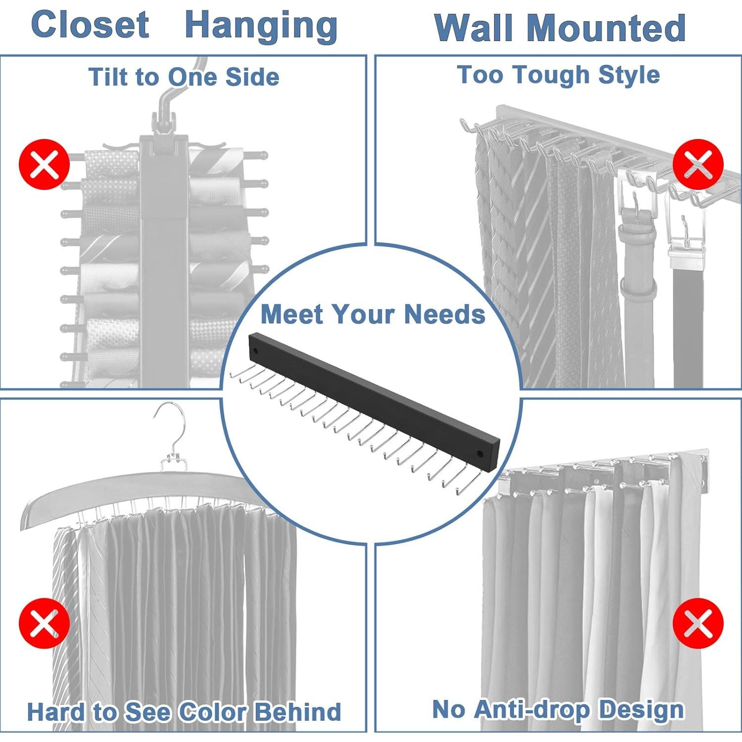 【2 in 1】 Tie Rack Belt Organizer Wall Mounted, Space Saving Tie Hanger for Closet with 20 Storage Hooks, Belt Holder for Closet Organizer Storage
