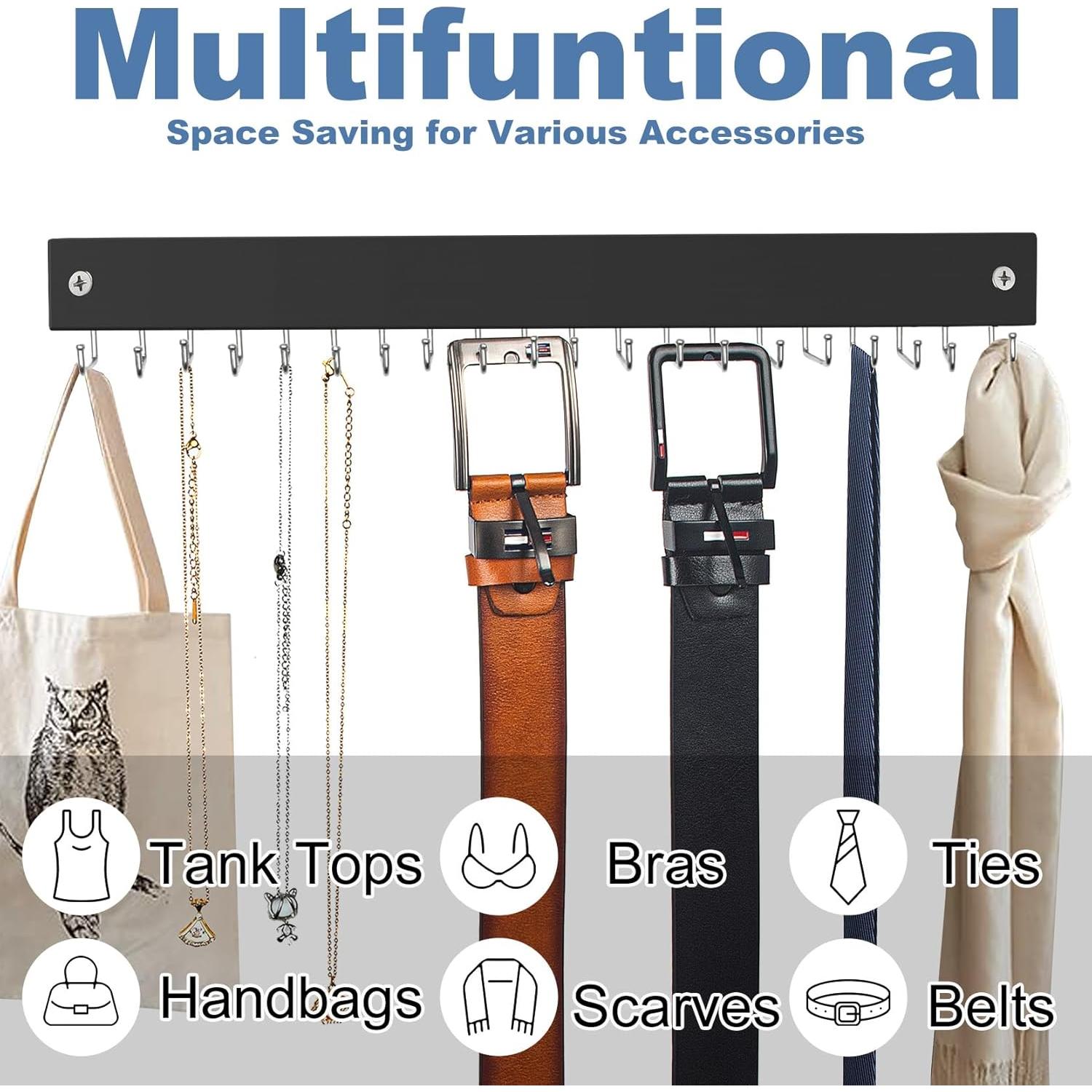 【2 in 1】 Tie Rack Belt Organizer Wall Mounted, Space Saving Tie Hanger for Closet with 20 Storage Hooks, Belt Holder for Closet Organizer Storage