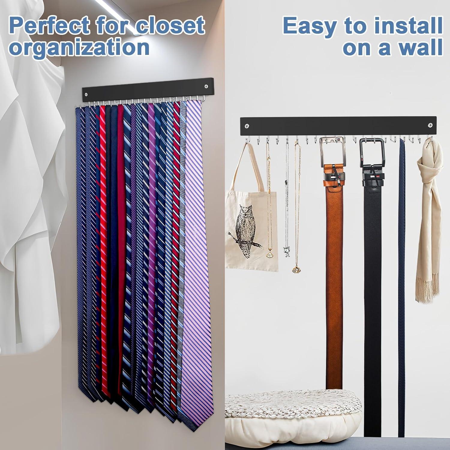 【2 in 1】 Tie Rack Belt Organizer Wall Mounted, Space Saving Tie Hanger for Closet with 20 Storage Hooks, Belt Holder for Closet Organizer Storage