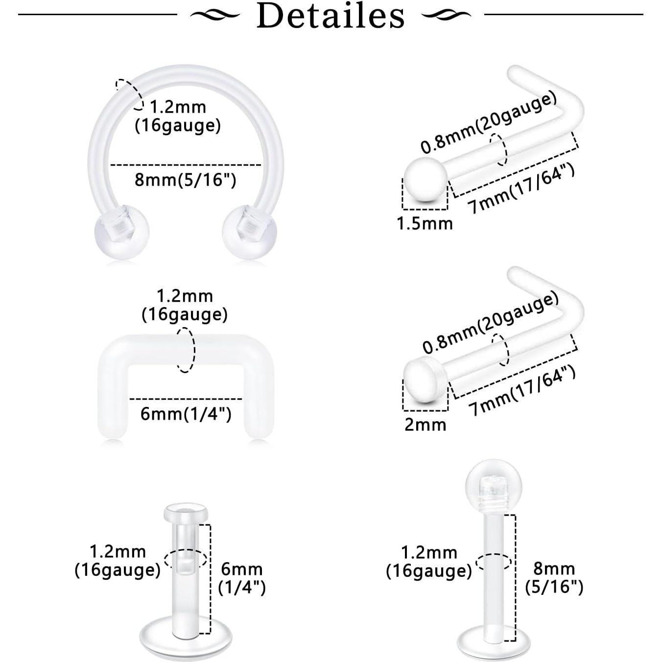 MODRSA 16g 20g Retenedores Transparentes de Piercing - 8 Piezas