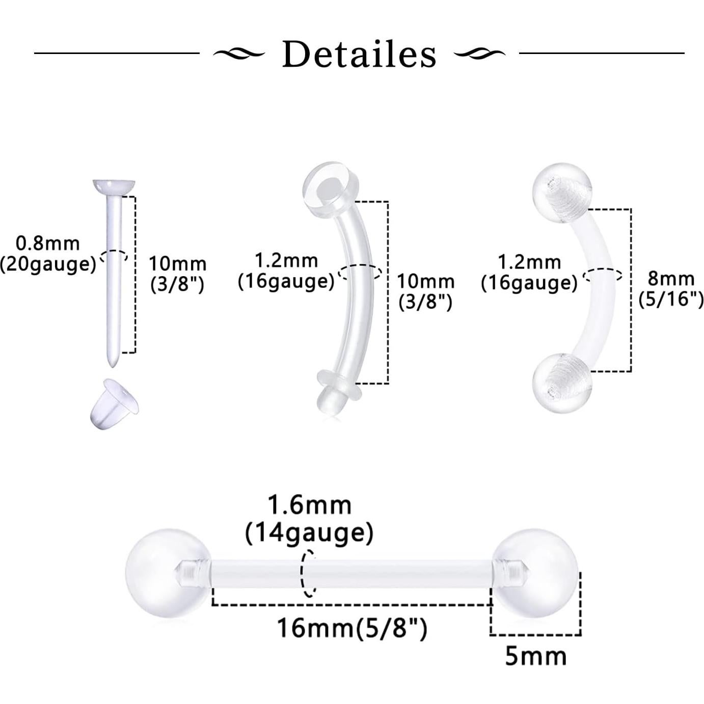 MODRSA 16g 20g Retenedores Transparentes de Piercing - 8 Piezas
