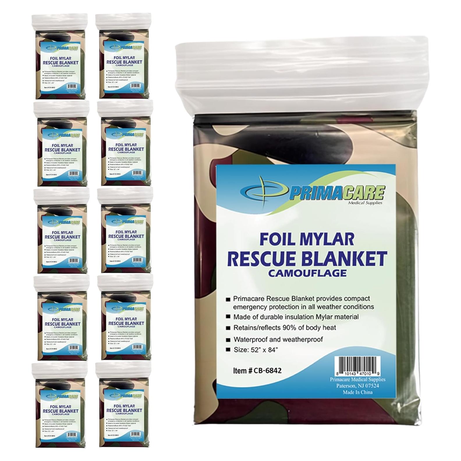 Manta Térmica de Emergencia Primacare Camuflaje 10 Unidades 208x130 cm