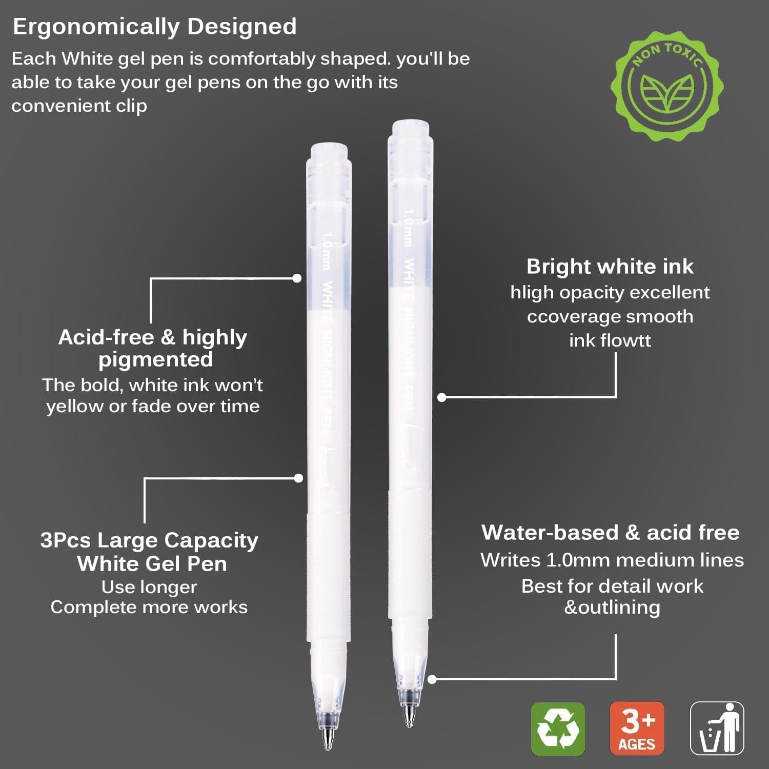 Juego de 3 bolígrafos de gel blanco Brusarth 1mm para papel negro