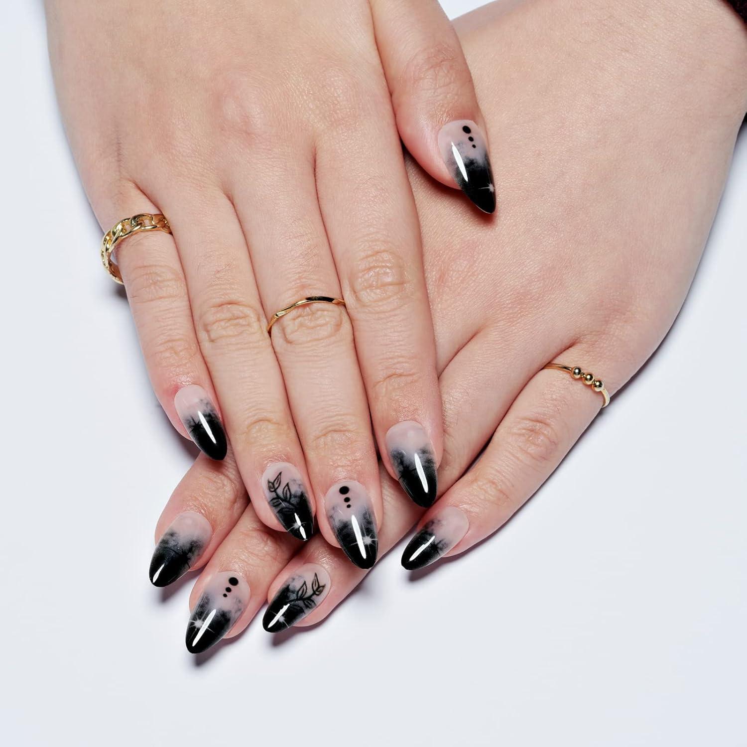 Uñas Postizas Almendra Ombre Negro GLAMERMAID Reutilizables