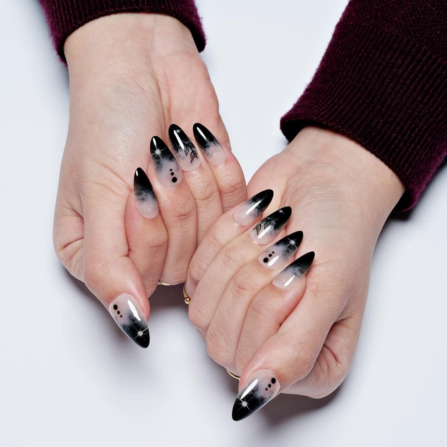 Uñas Postizas Almendra Ombre Negro GLAMERMAID Reutilizables