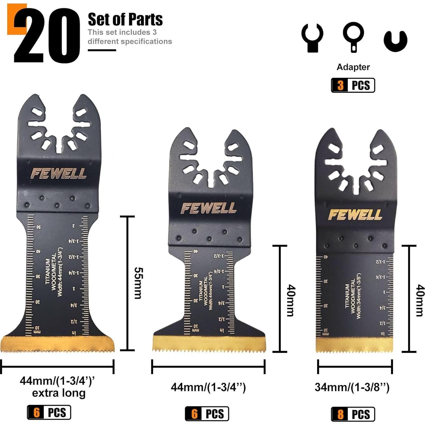 Cuchillas de Sierra Oscilante Titanio FEWELL 20 Piezas 3 Tipos