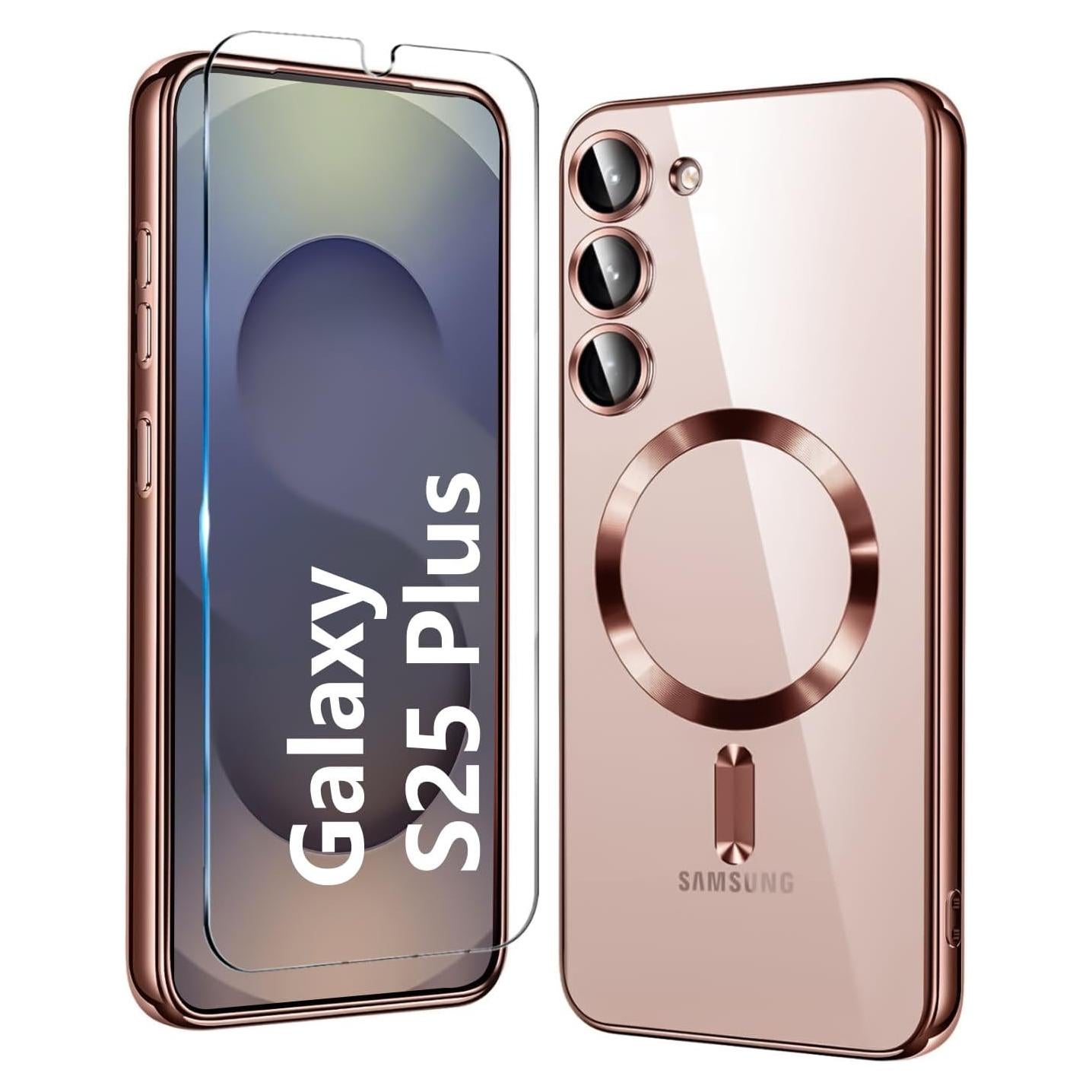 Funda clara Samsung Galaxy S25 con MagSafe y protector rosa