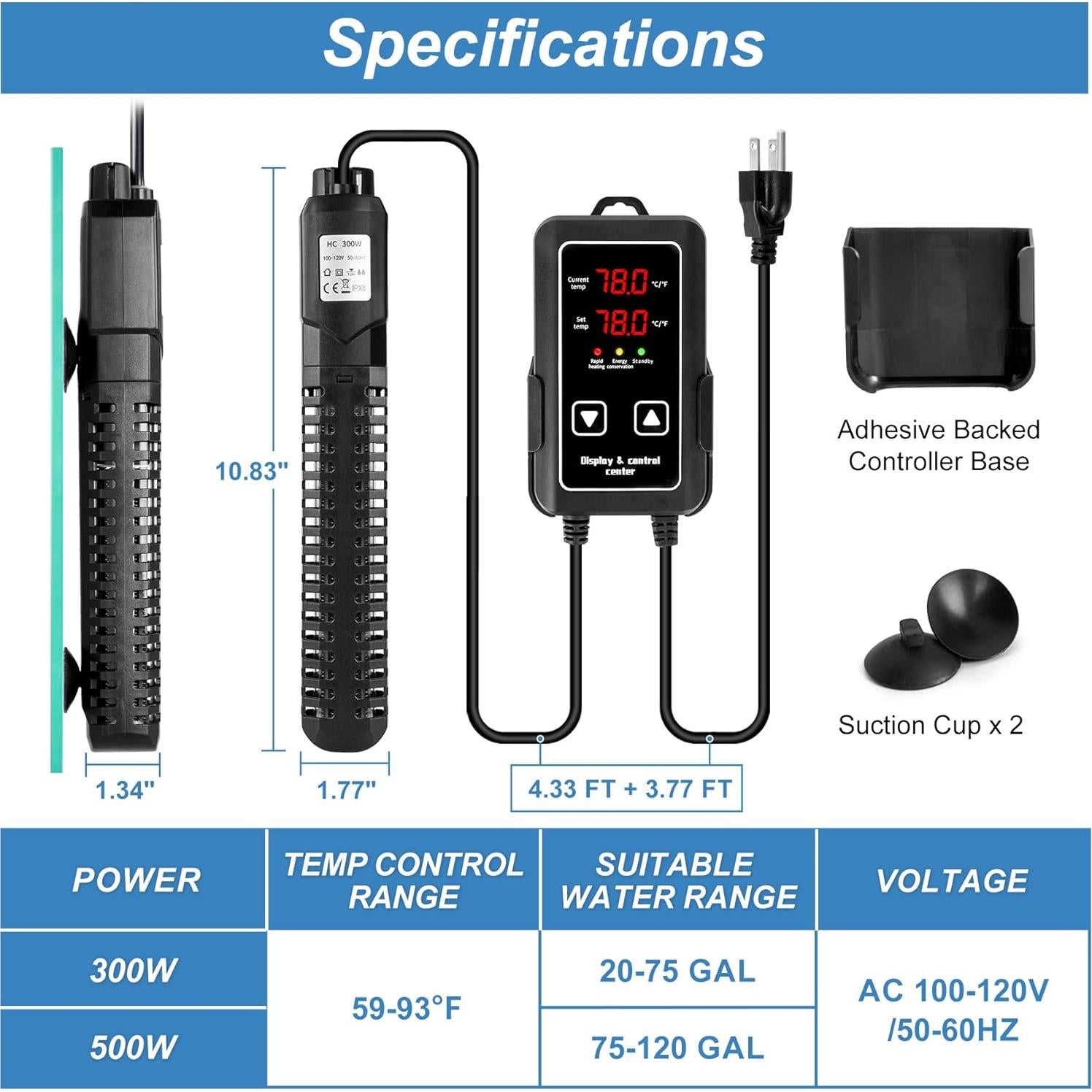 Calentador de Acuario SaySummer 300W para 75-284L Agua Dulce/Salada