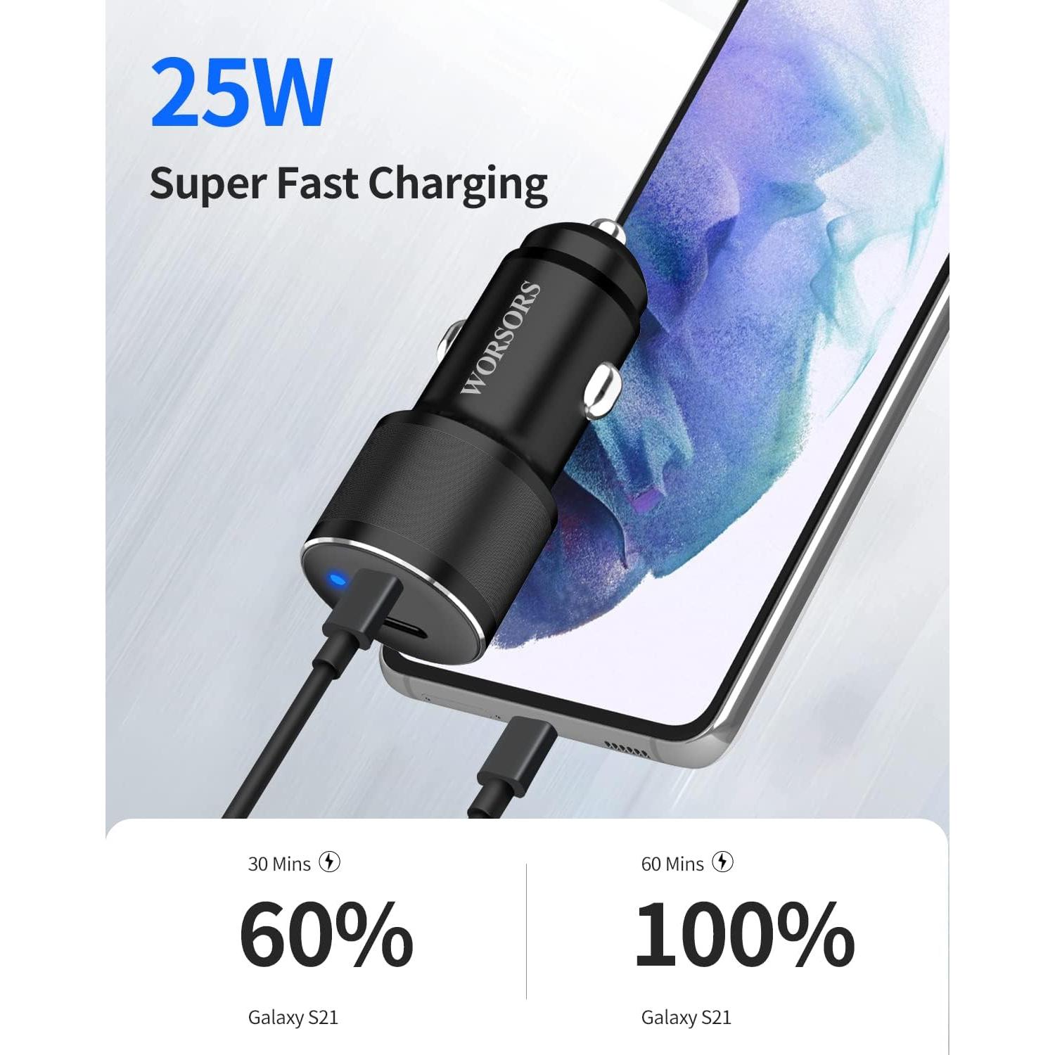 Cargador de Coche USB C Dual 60W WORSORS con 2 Cables 1m