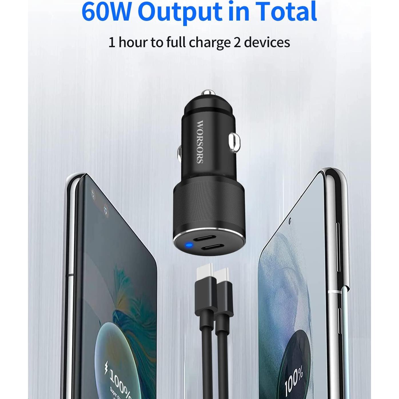 Cargador de Coche USB C Dual 60W WORSORS con 2 Cables 1m