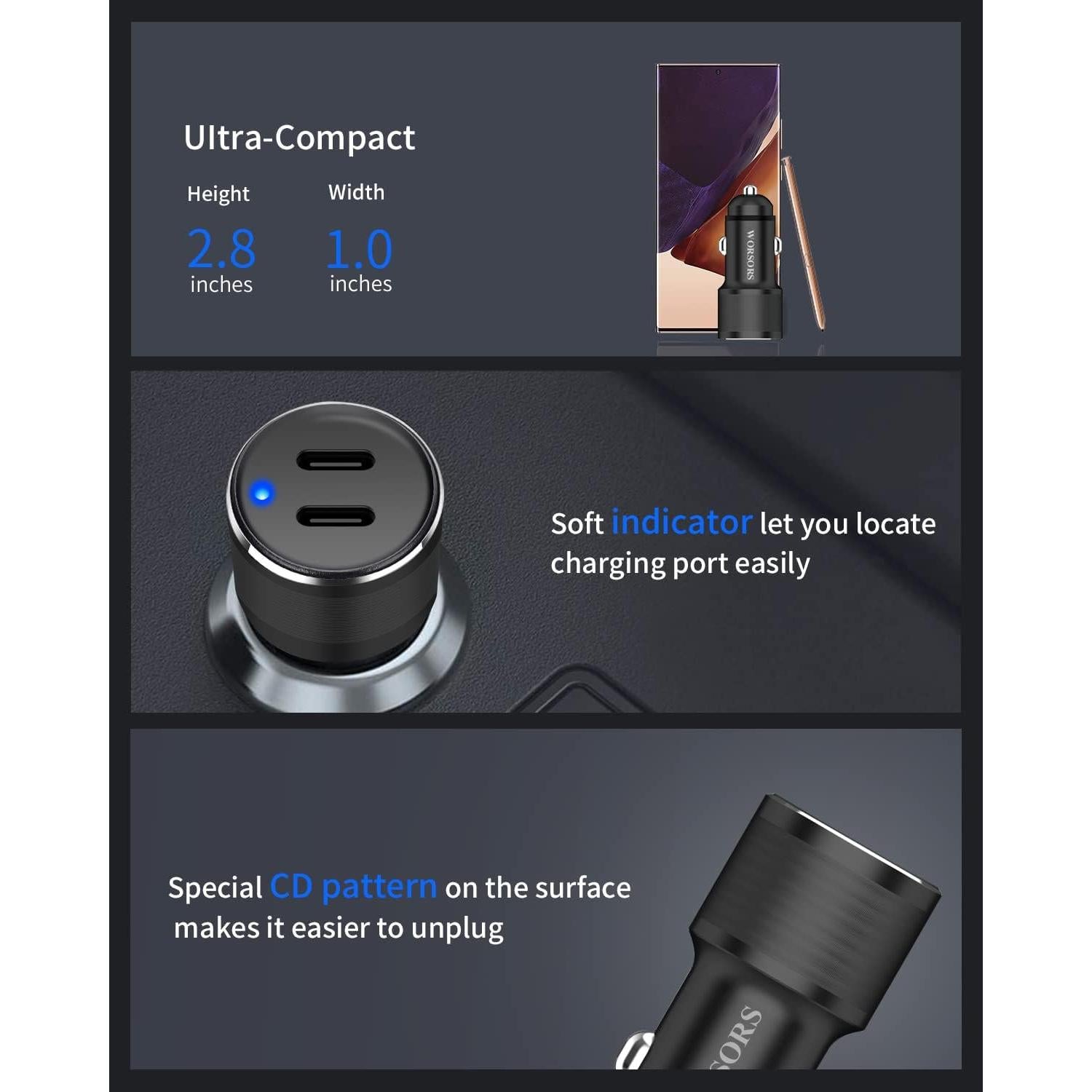 Cargador de Coche USB C Dual 60W WORSORS con 2 Cables 1m