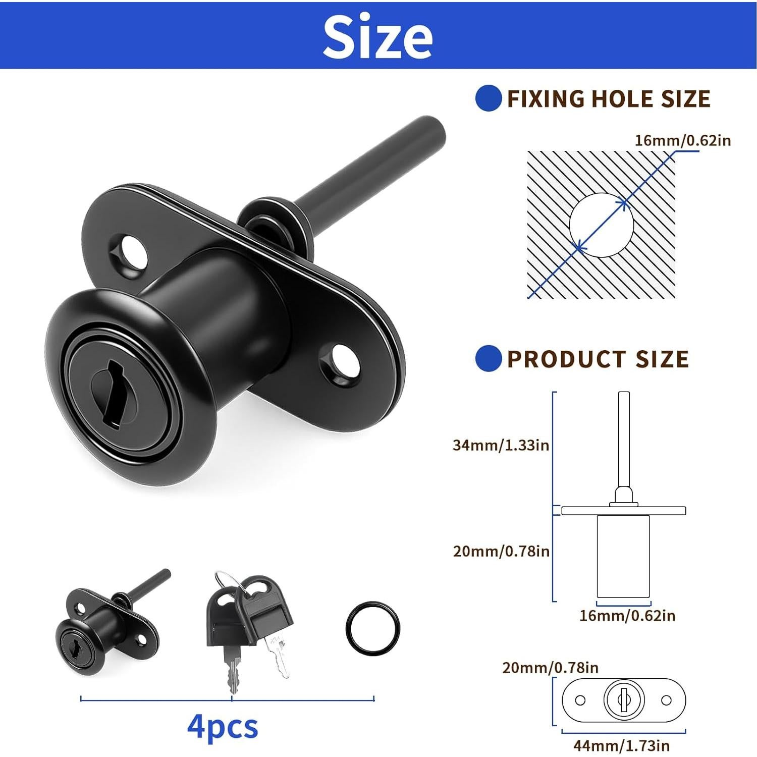 Cerradura de Cajón TBWHL con Llaves - 4 Pcs, 16mm, Negro