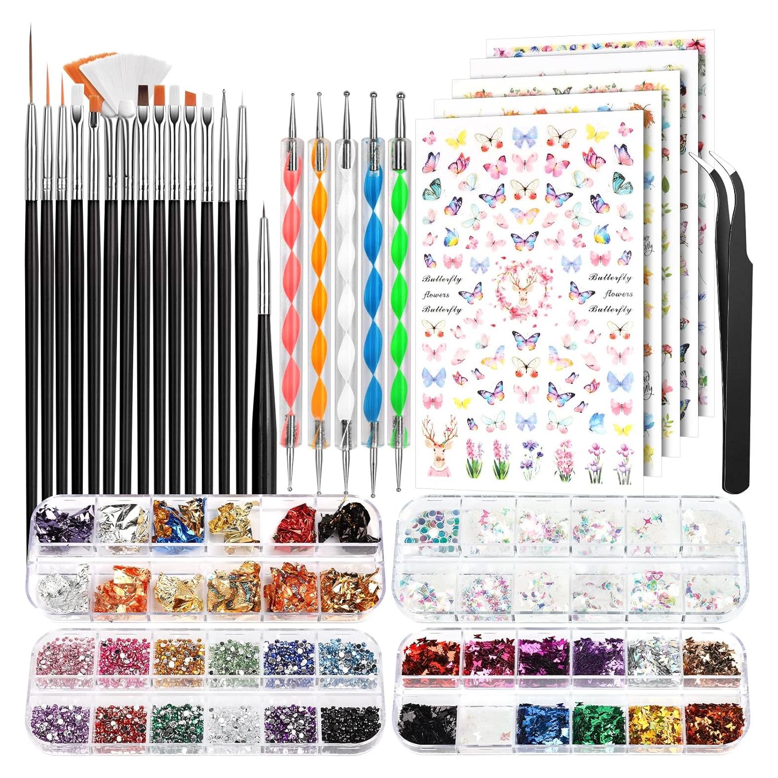Kit de Arte de Uñas FANDAMEI - 15 Pinceles, Lentejuelas y Calcomanías
