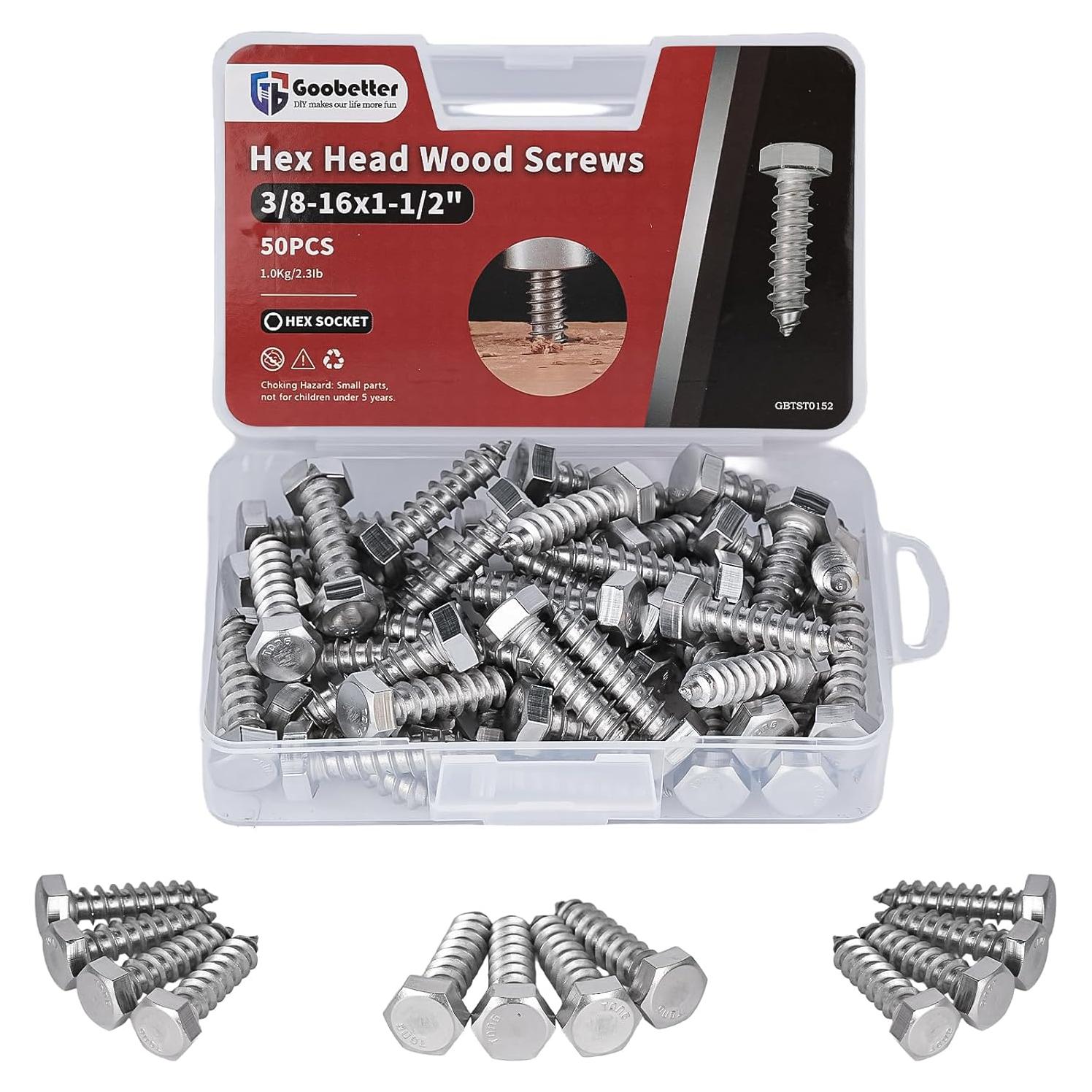 Tornillos de Cabeza Hexagonal GOOBETTER 10 mm x 38 mm - Acero Inoxidable 304 - Paquete de 50