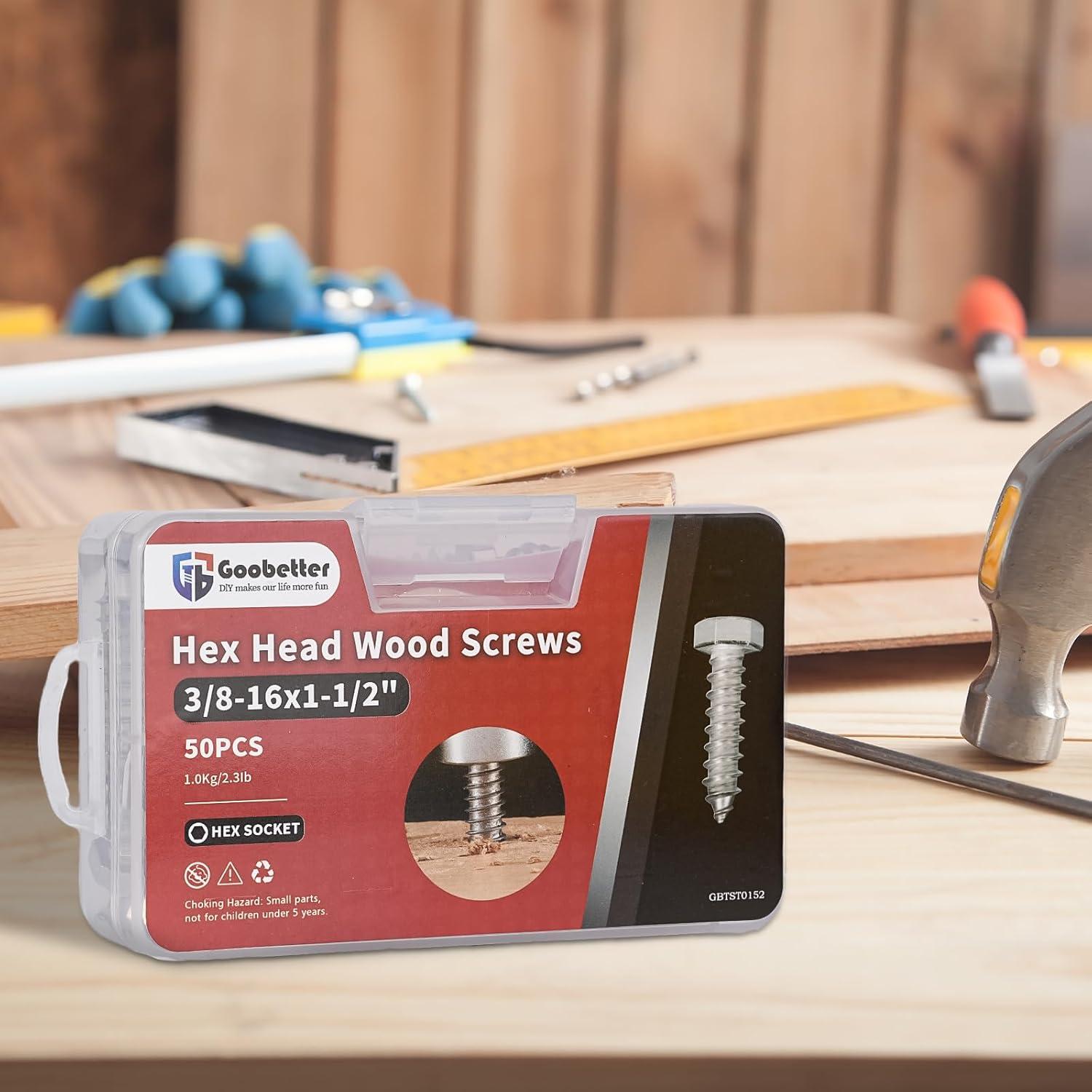 Tornillos de Cabeza Hexagonal GOOBETTER 10 mm x 38 mm - Acero Inoxidable 304 - Paquete de 50