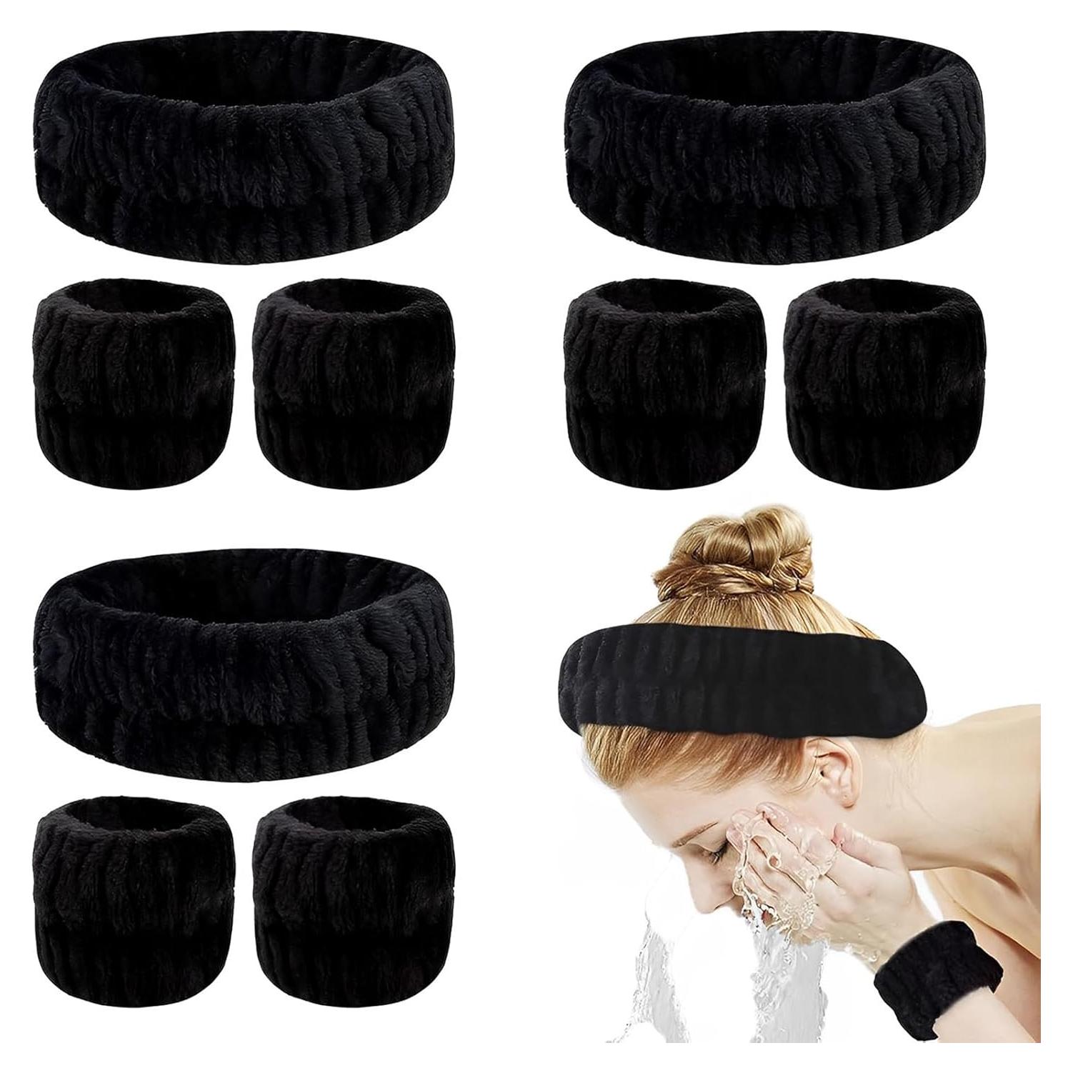 Set de Spa YARIEW - 3 Diademas y 6 Muñequera de Toalla Negro