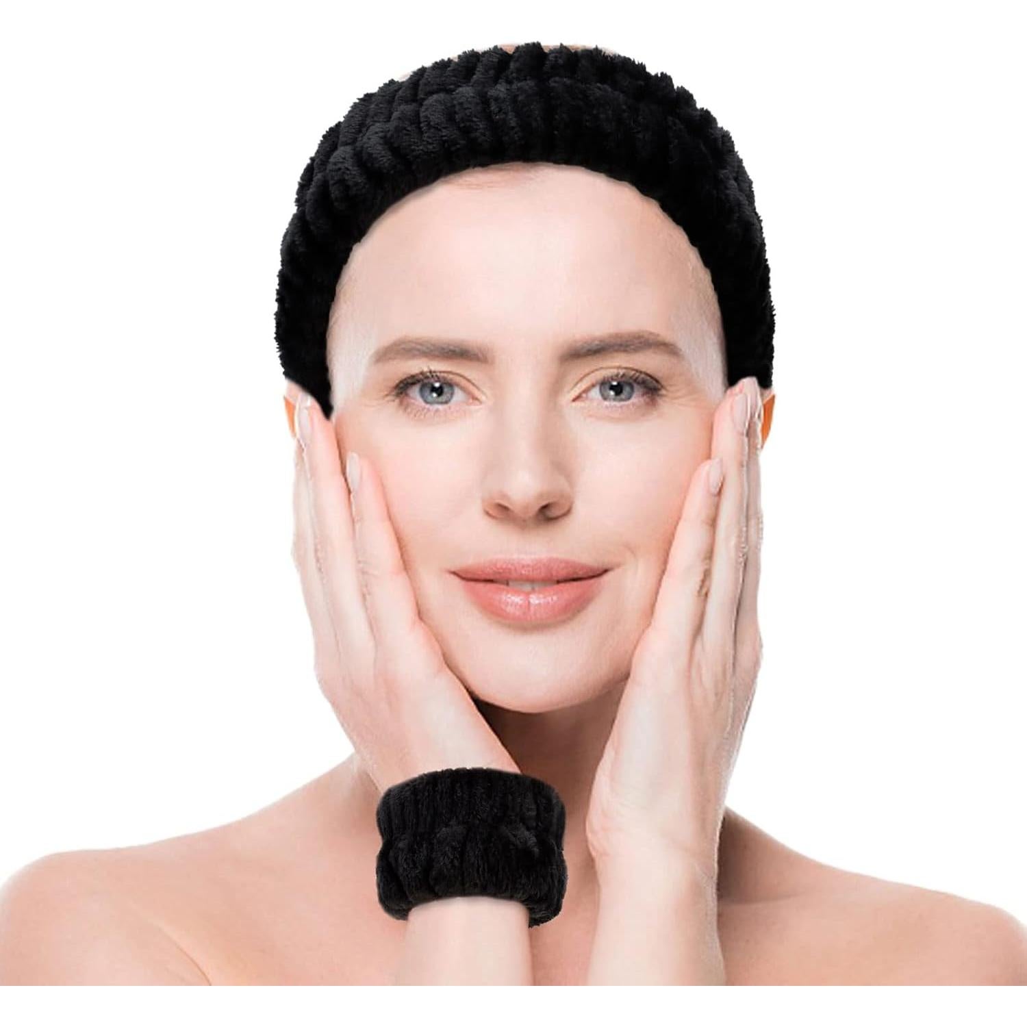 Set de Spa YARIEW - 3 Diademas y 6 Muñequera de Toalla Negro