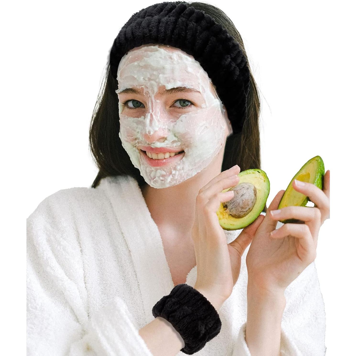 Set de Spa YARIEW - 3 Diademas y 6 Muñequera de Toalla Negro