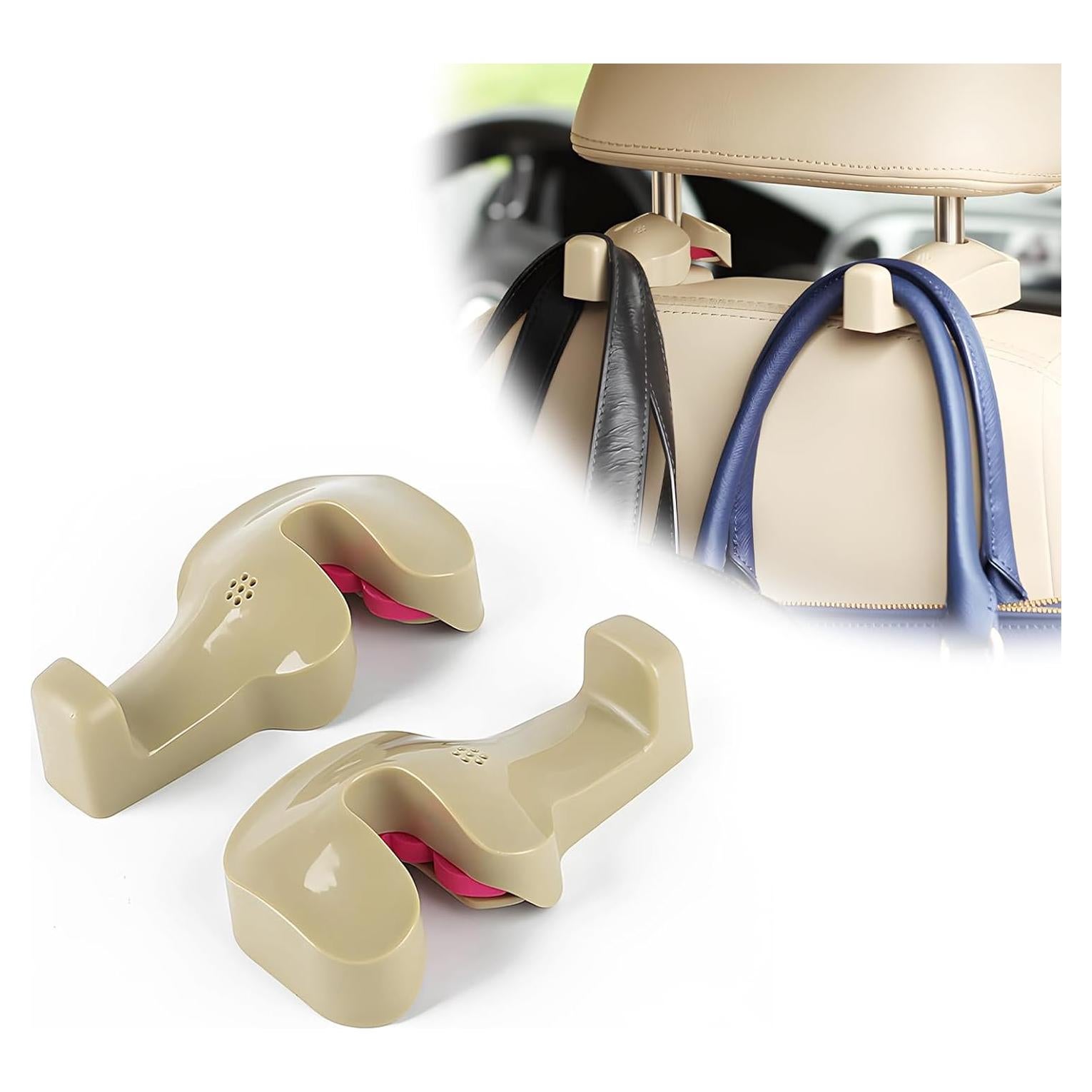 2 PCS Car Back Seat Headrest Hanger, Vehicle Seat Back Storage Organizer Hanger Holder Hook, Universal Headrest Hidden Hook for Bag Purse Cloth Grocery, Car Accessories (Beige)