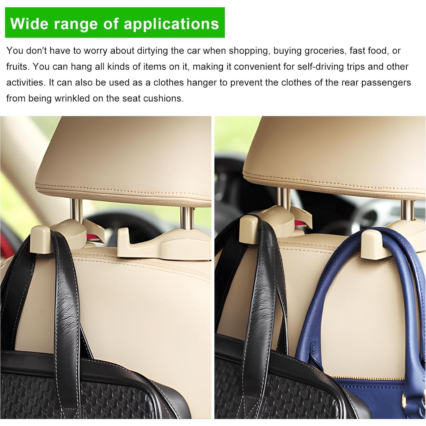 2 PCS Car Back Seat Headrest Hanger, Vehicle Seat Back Storage Organizer Hanger Holder Hook, Universal Headrest Hidden Hook for Bag Purse Cloth Grocery, Car Accessories (Beige)