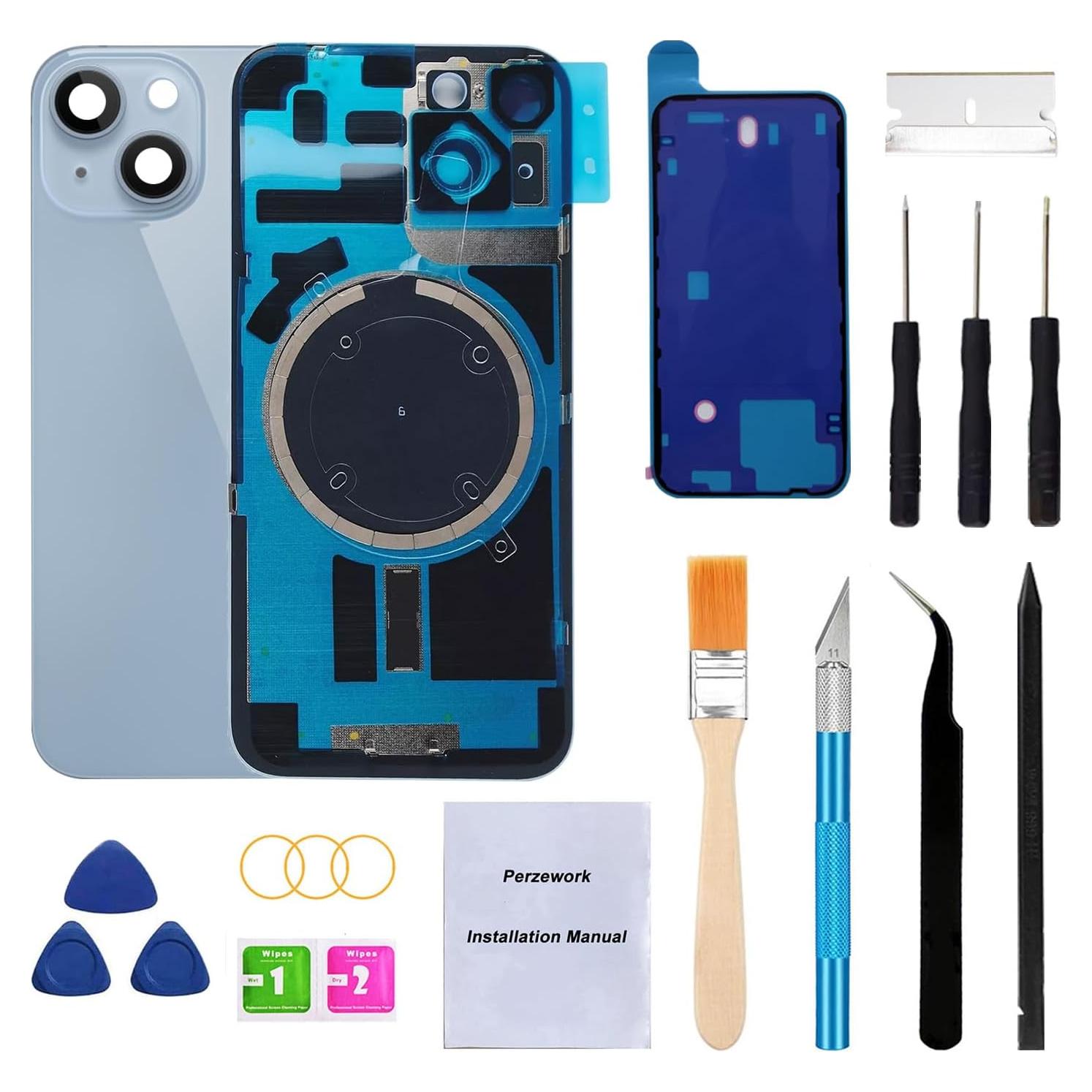 Reemplazo Cristal Trasero iPhone 14 Azul + Kit Herramientas