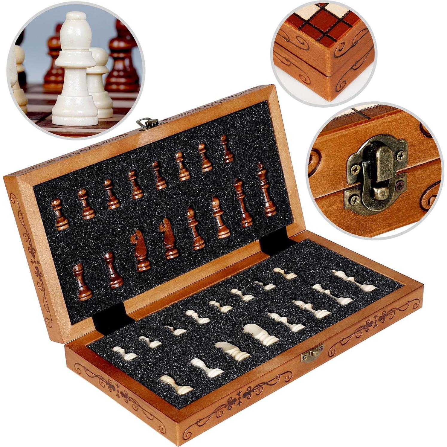 Juego de Ajedrez Plegable de Madera Syrace 30x30 cm Hecho a Mano