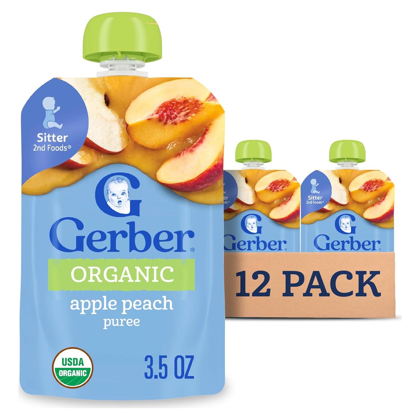 Puré de manzana y durazno orgánico Gerber 2 porciones 12 bolsas